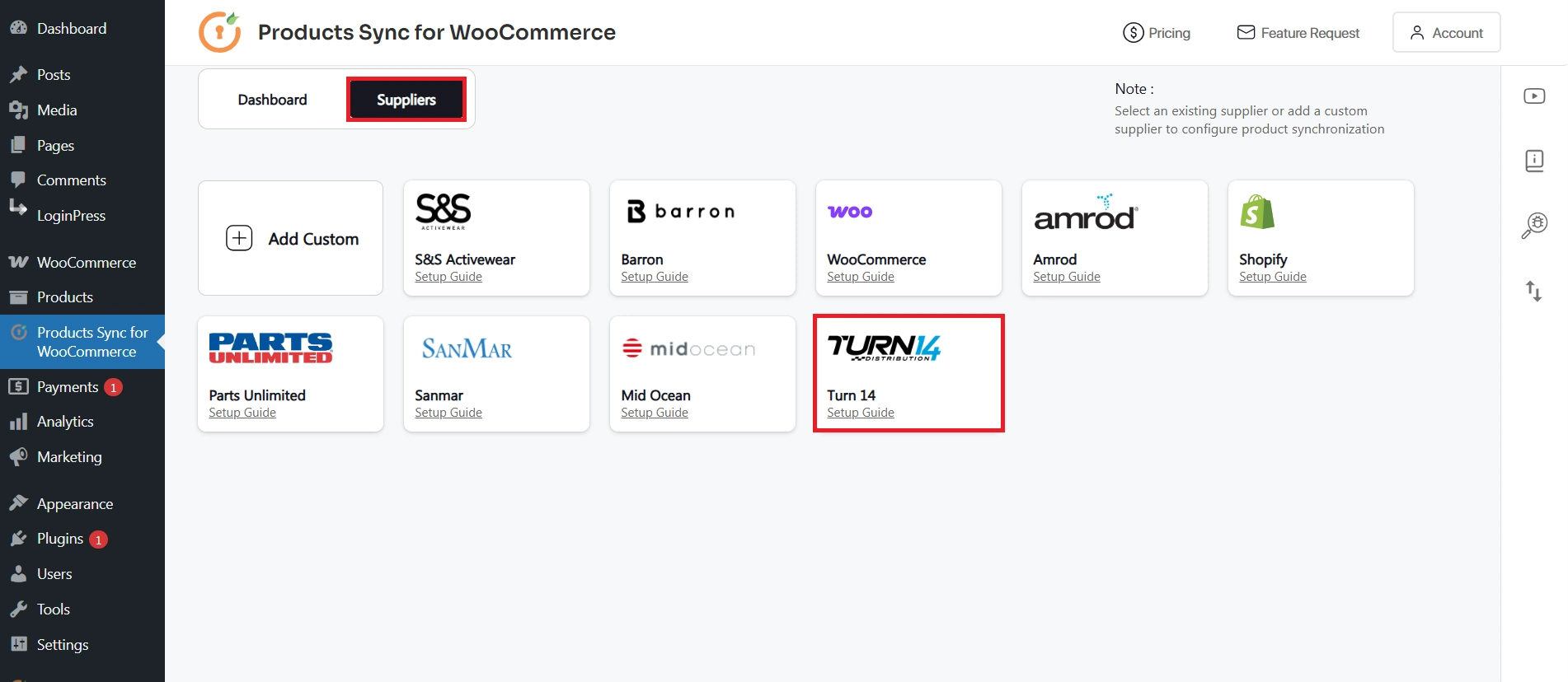 WooCommerce Product Sync - select Turn14 supplier