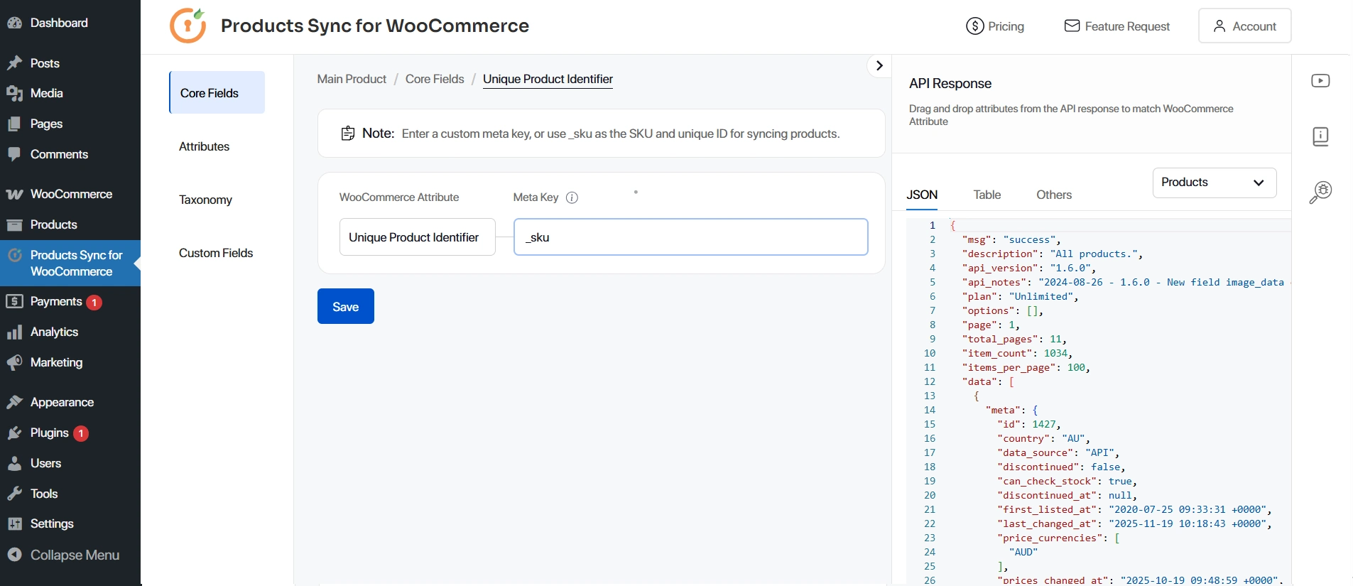API section showing created connections