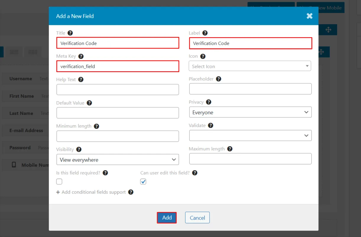 Ultimate Member Registration Form OTP - click Add