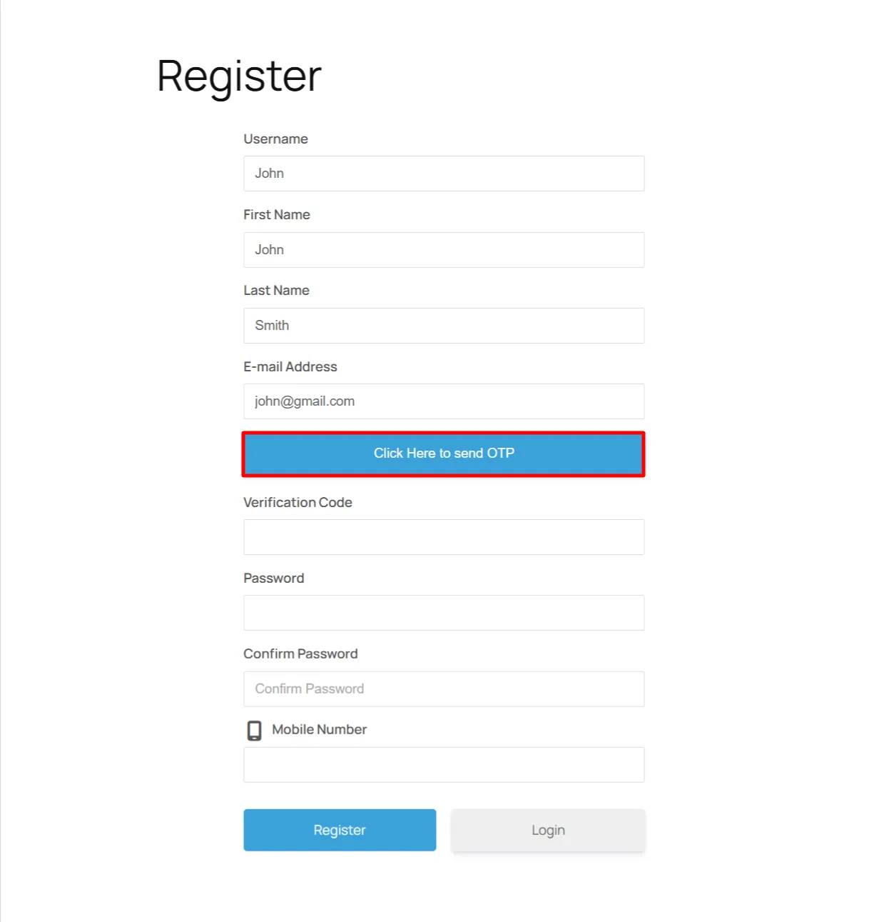 Ultimate Member Registration Forms - on page click send otp