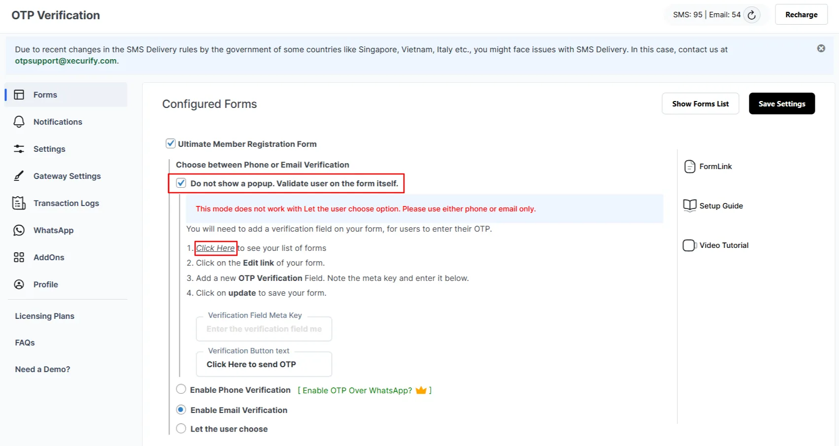 Ultimate Member Registration Forms - enable on page verification email