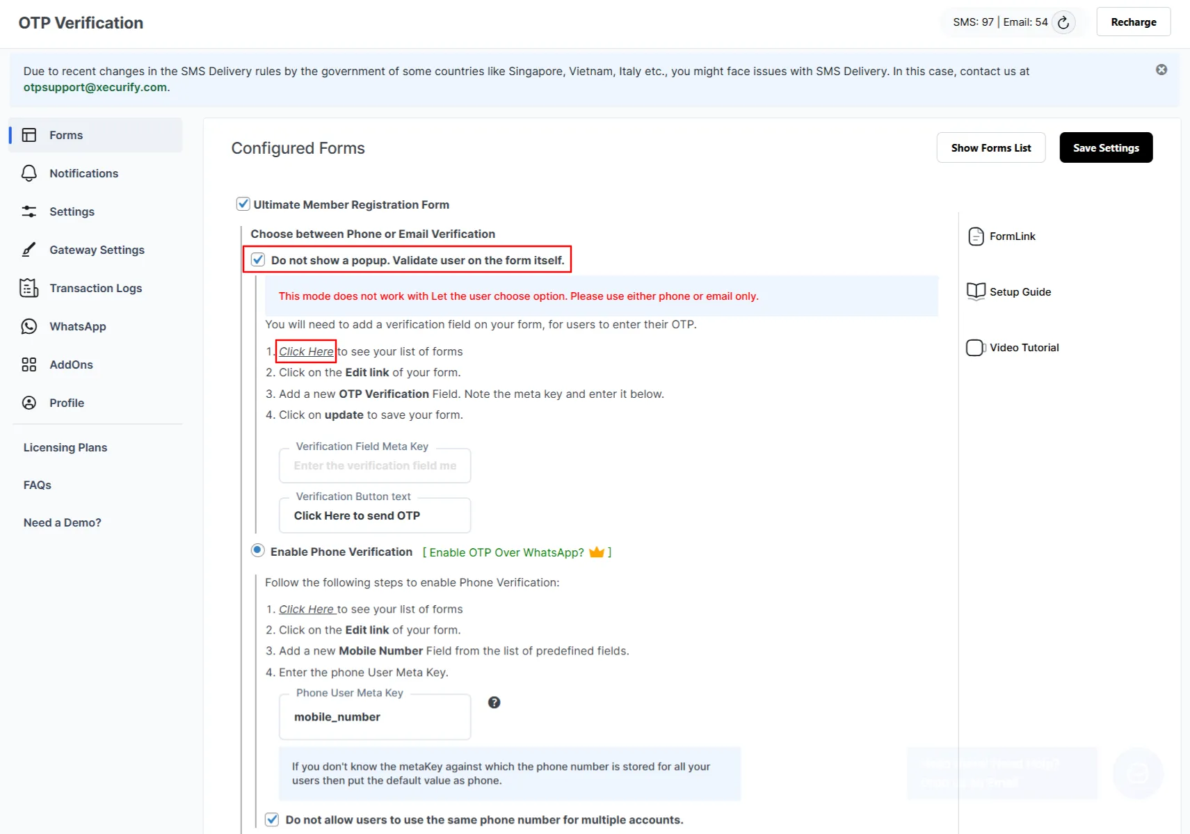 Ultimate Member Registration Form OTP - enable on page verification