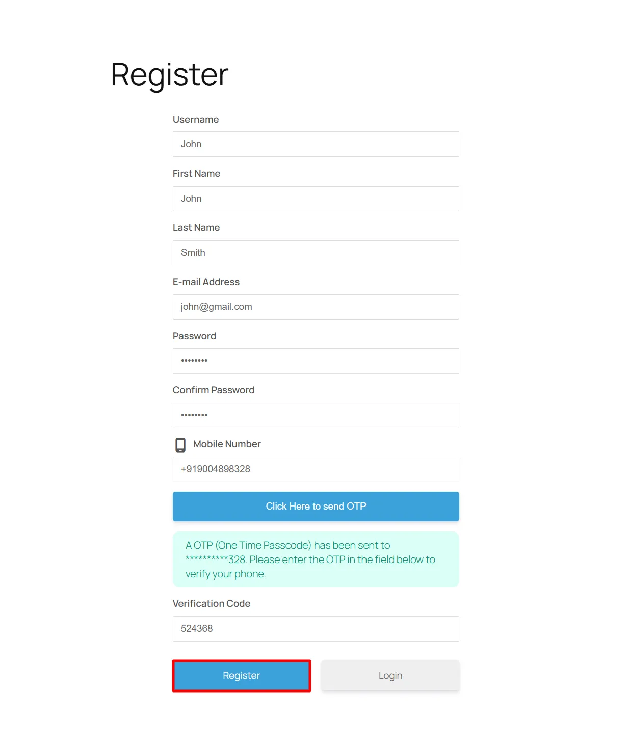 Ultimate Member Registration Form OTP - Enter Code