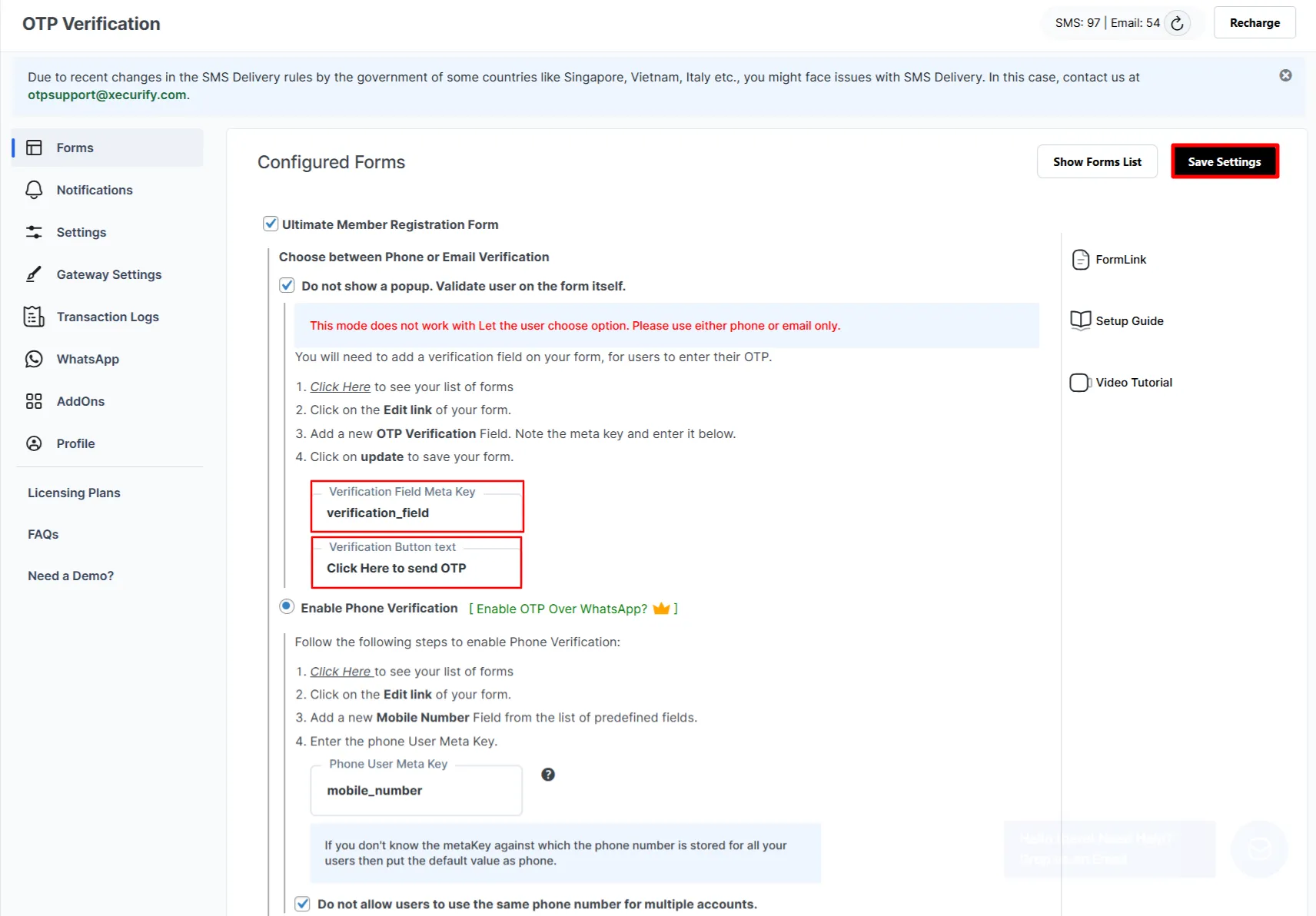 Ultimate Member Registration Form OTP - verification meta key