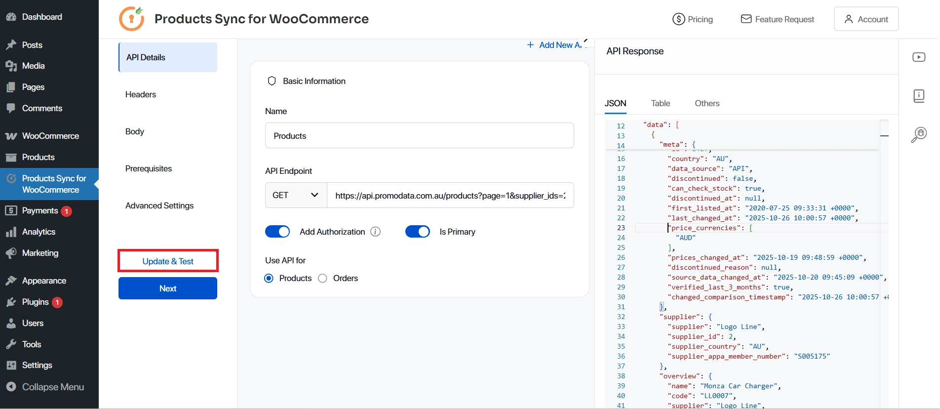 Test connection to verify successful API response