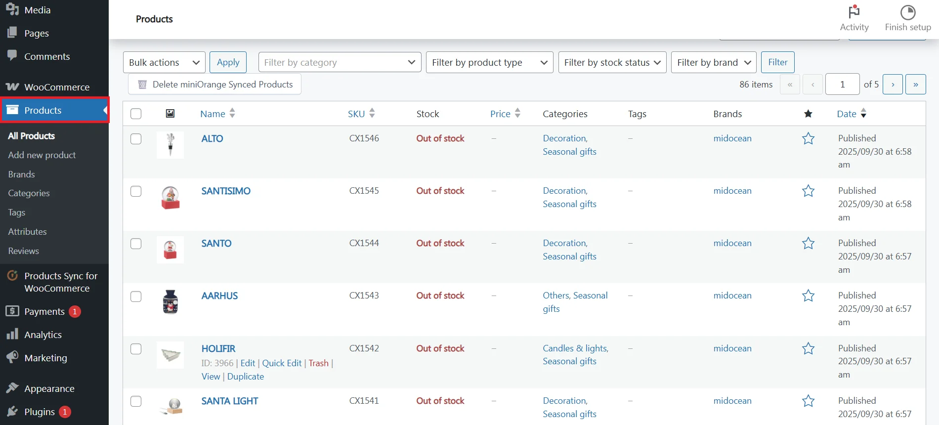 View imported midocean products in WooCommerce Products tab