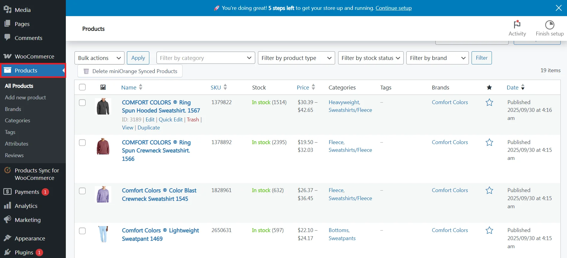 WooCommerce Products tab showing imported SanMar products