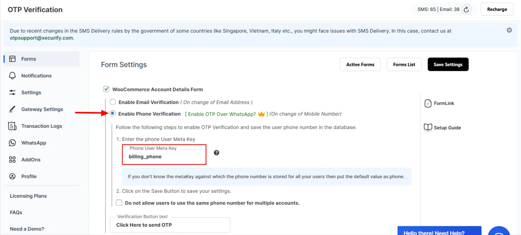 WooCommerce Account Detail Form - enable phone verification