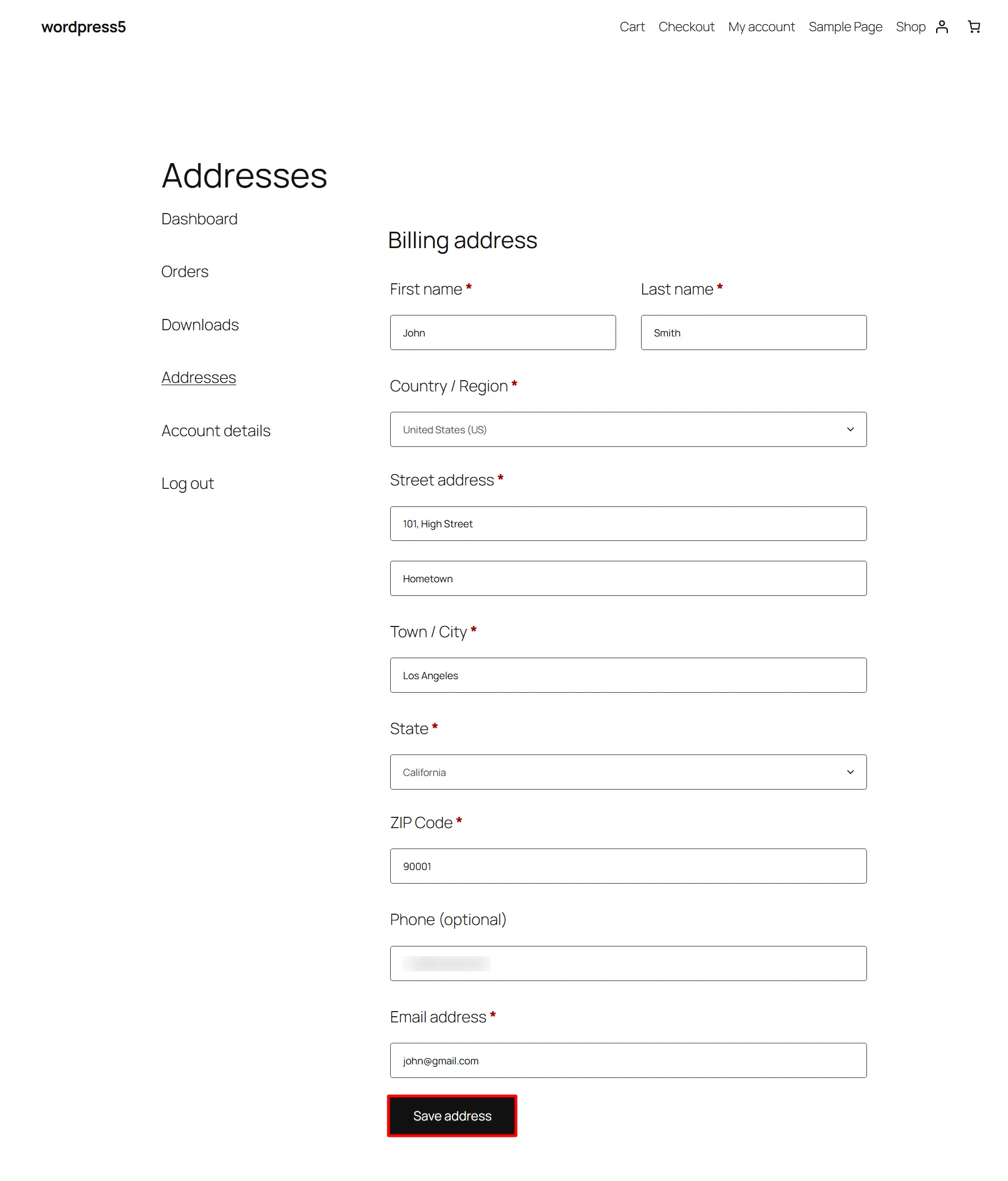 WooCommerce Billing Address Form - enter form details