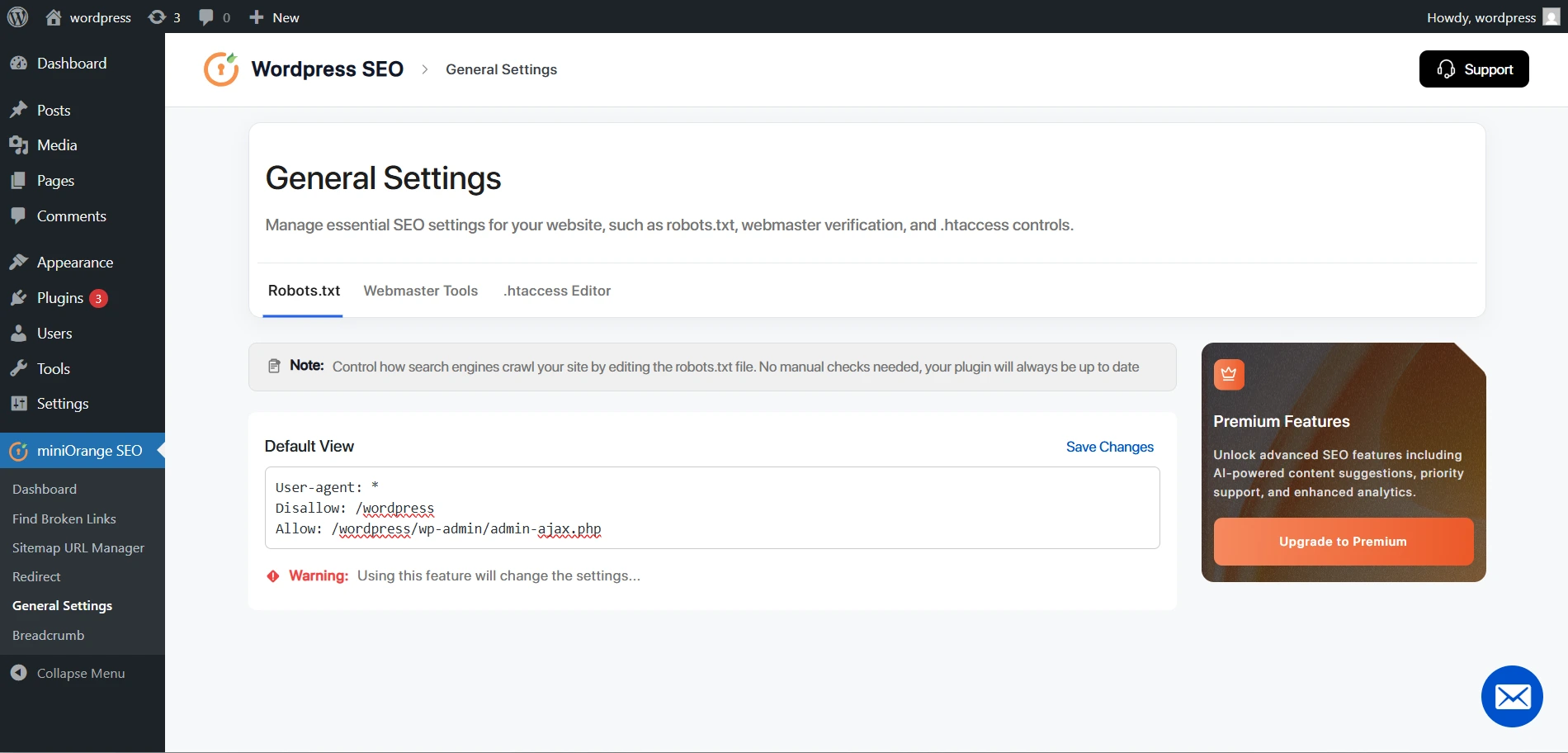 miniOrange-Wordpress-SEO - plugin setup website data