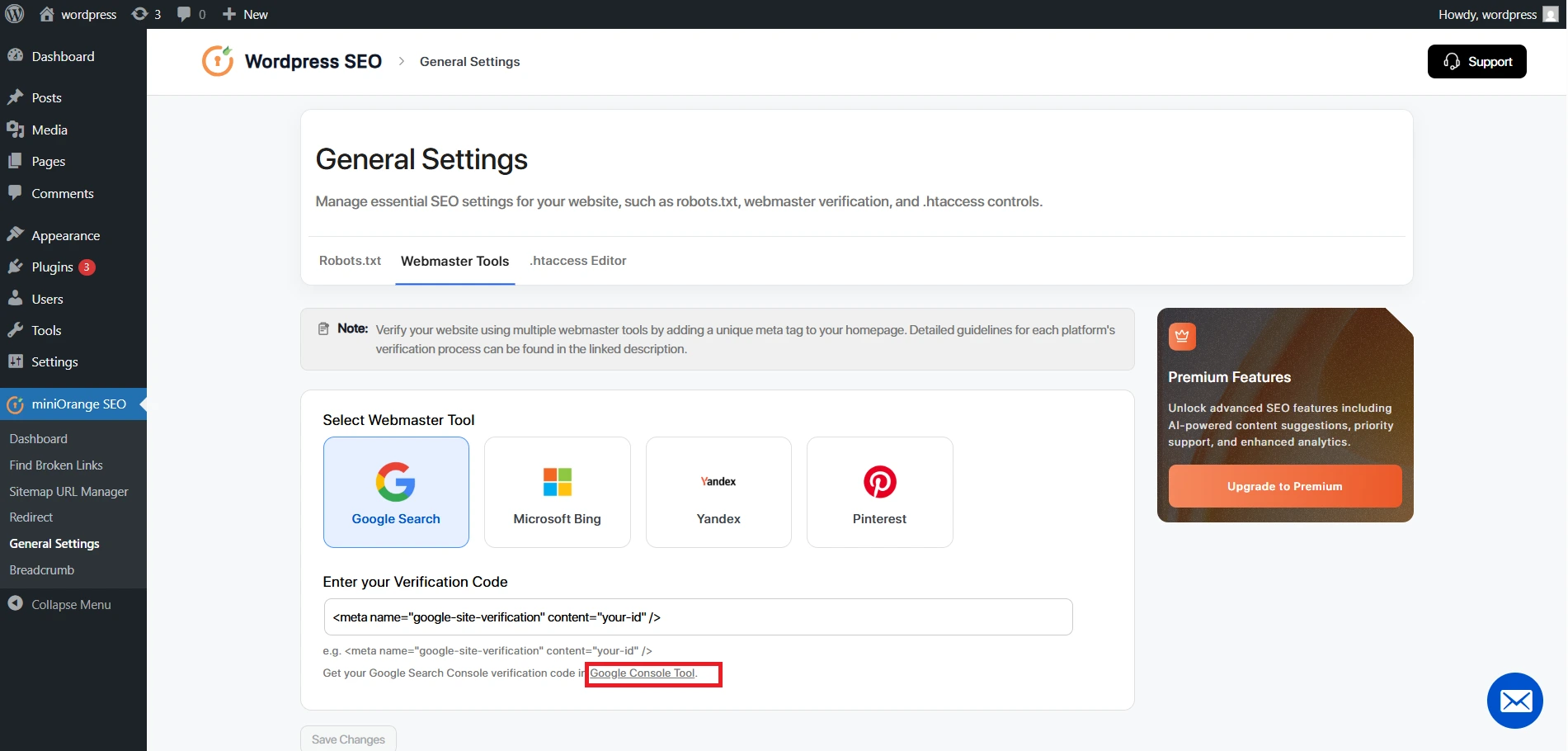 miniOrange-Wordpress-SEO - plugin setup completion