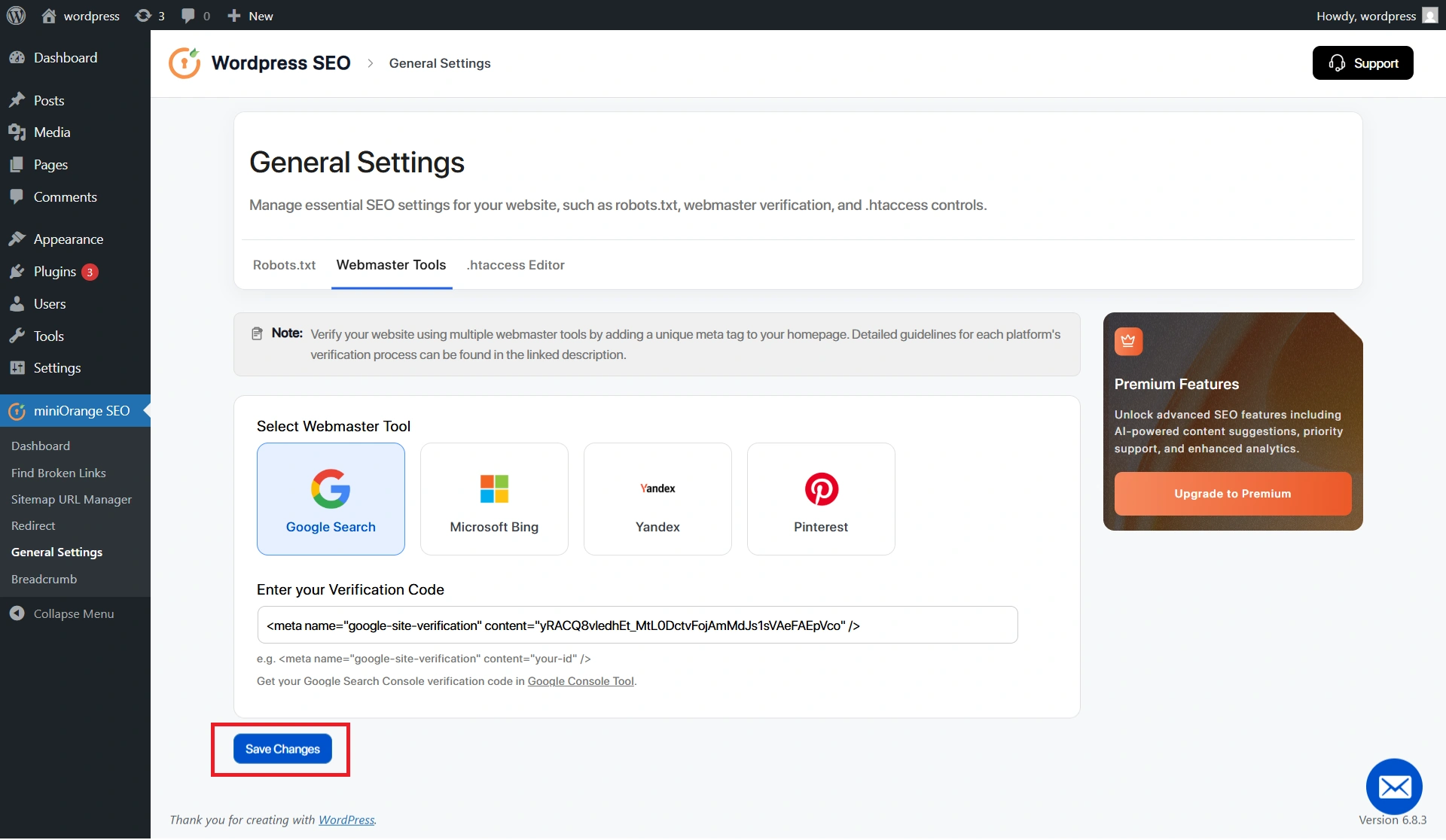 miniOrange-Wordpress-SEO - plugin setup completion