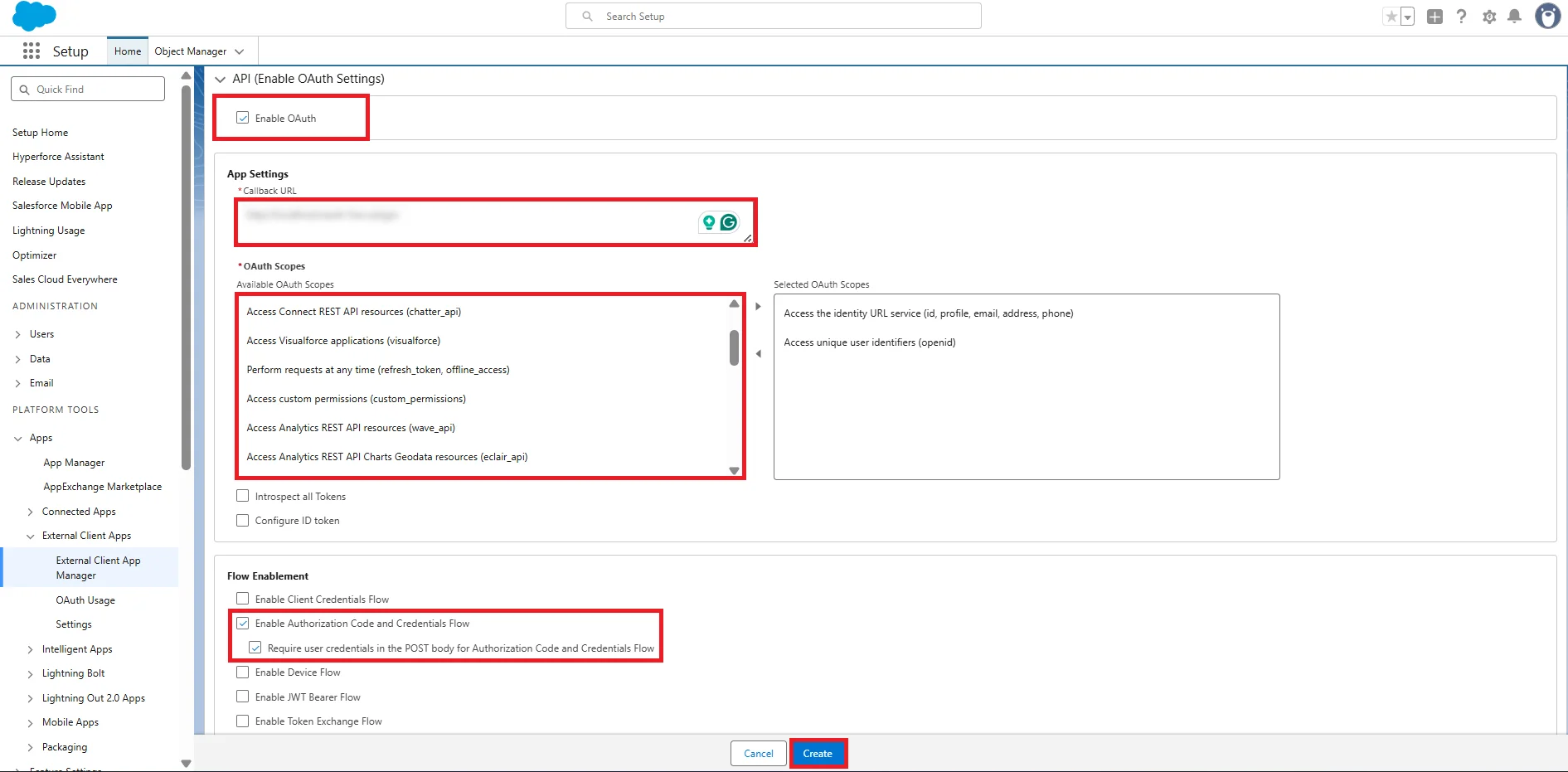 Salesforce Single Sign-On (SSO) login - add callback url & Scopes