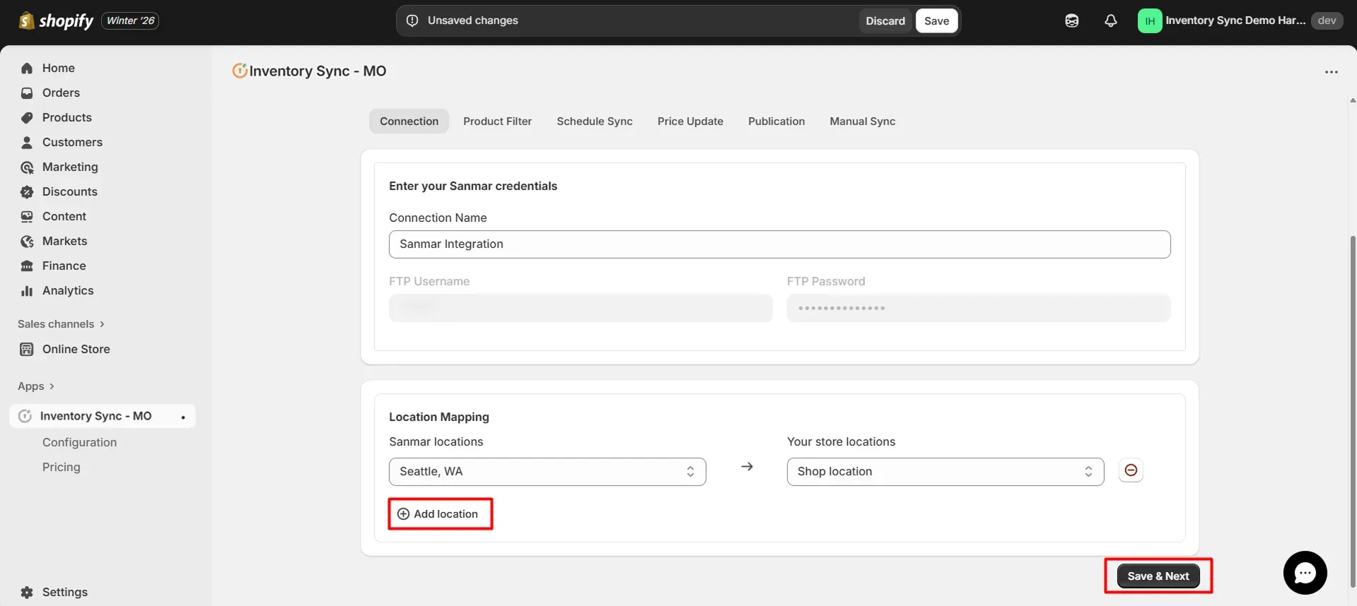 Shopify SanMar Integration - Location mapping