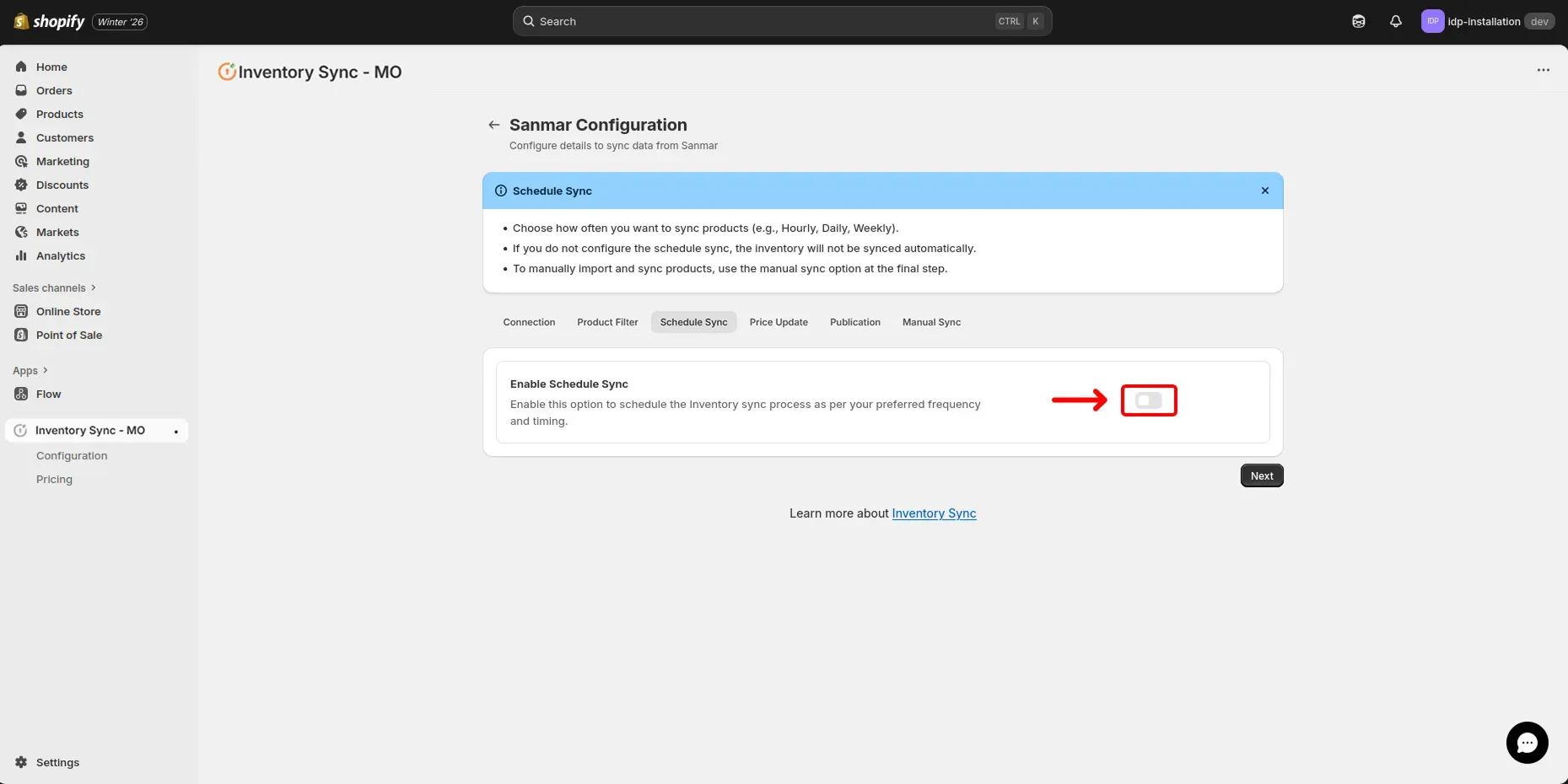 Shopify SanMar Integration - Enable Schedule Sync