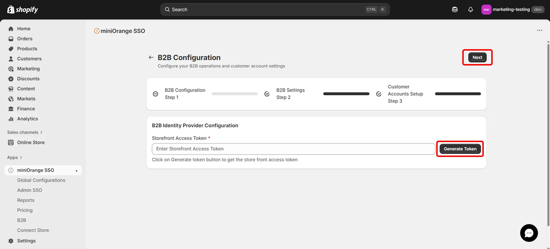 Shopify B2B in Single Sign-On (SSO) - Paste Storefront Access Token