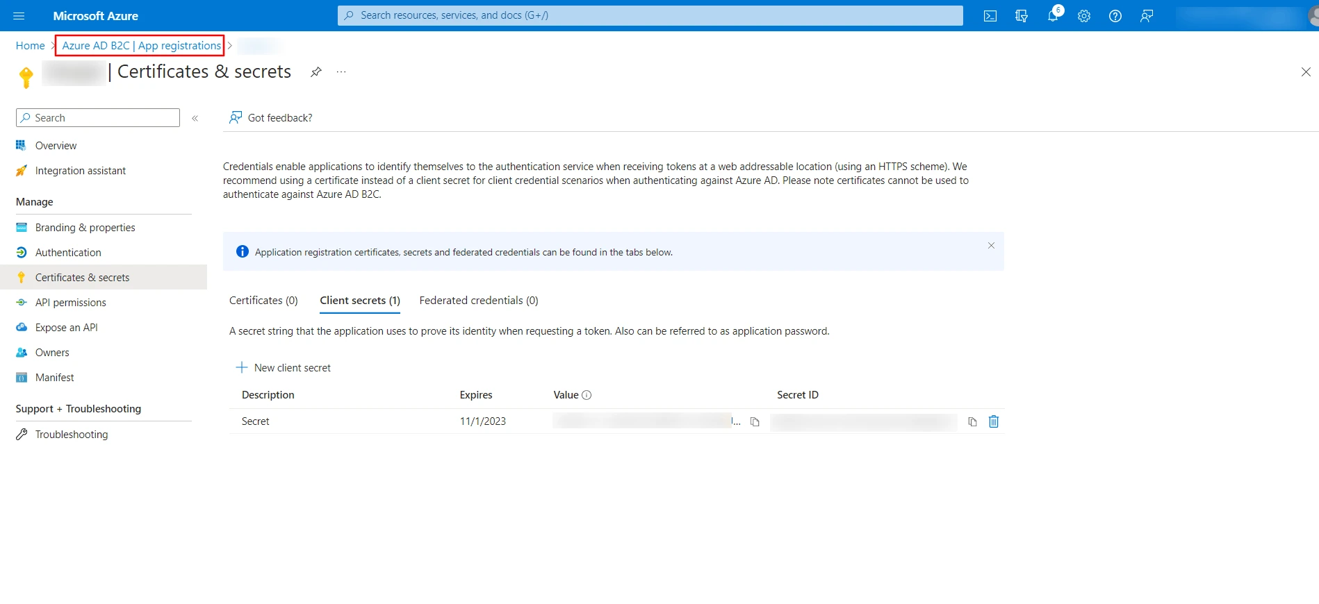 Select Azure AD B2C - App registrations from the Azure portal