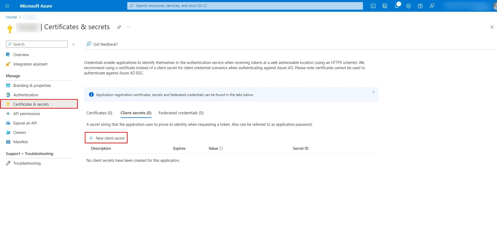 Microsoft Azure B2C to generate the Client Secret