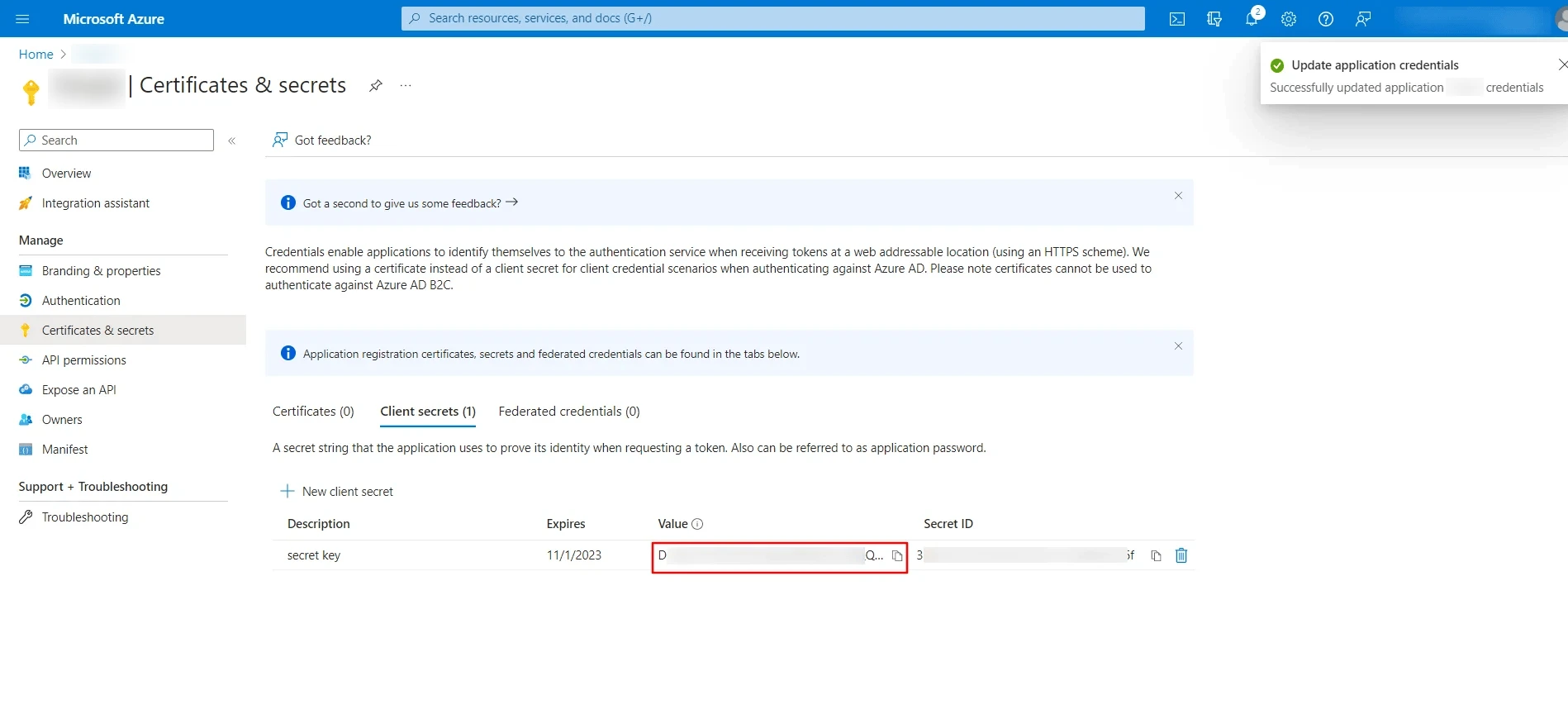 Copy the Client Secret Value from the Azure Active Directory portal