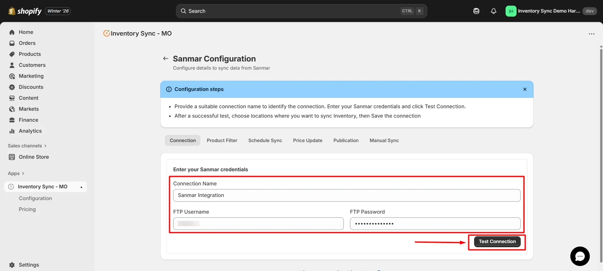 Shopify SanMar Integration - Enter your SanMar credentials