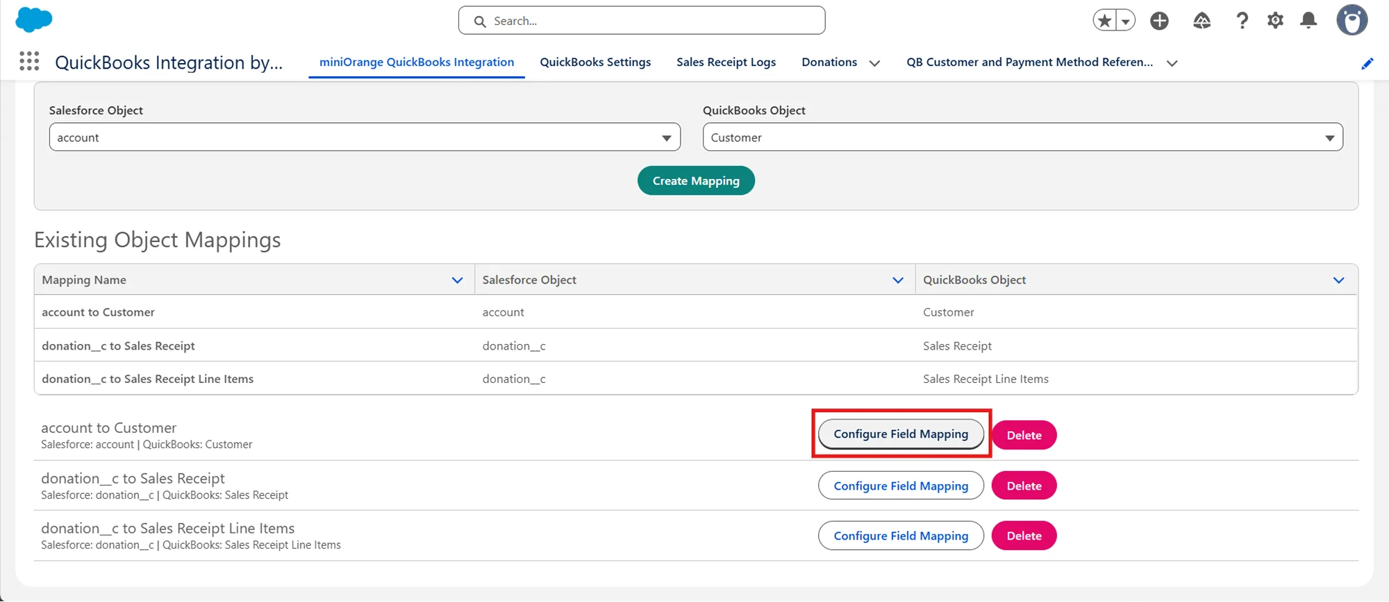 Salesforce QuickBooks Receipts Sync | Configure Field Mapping