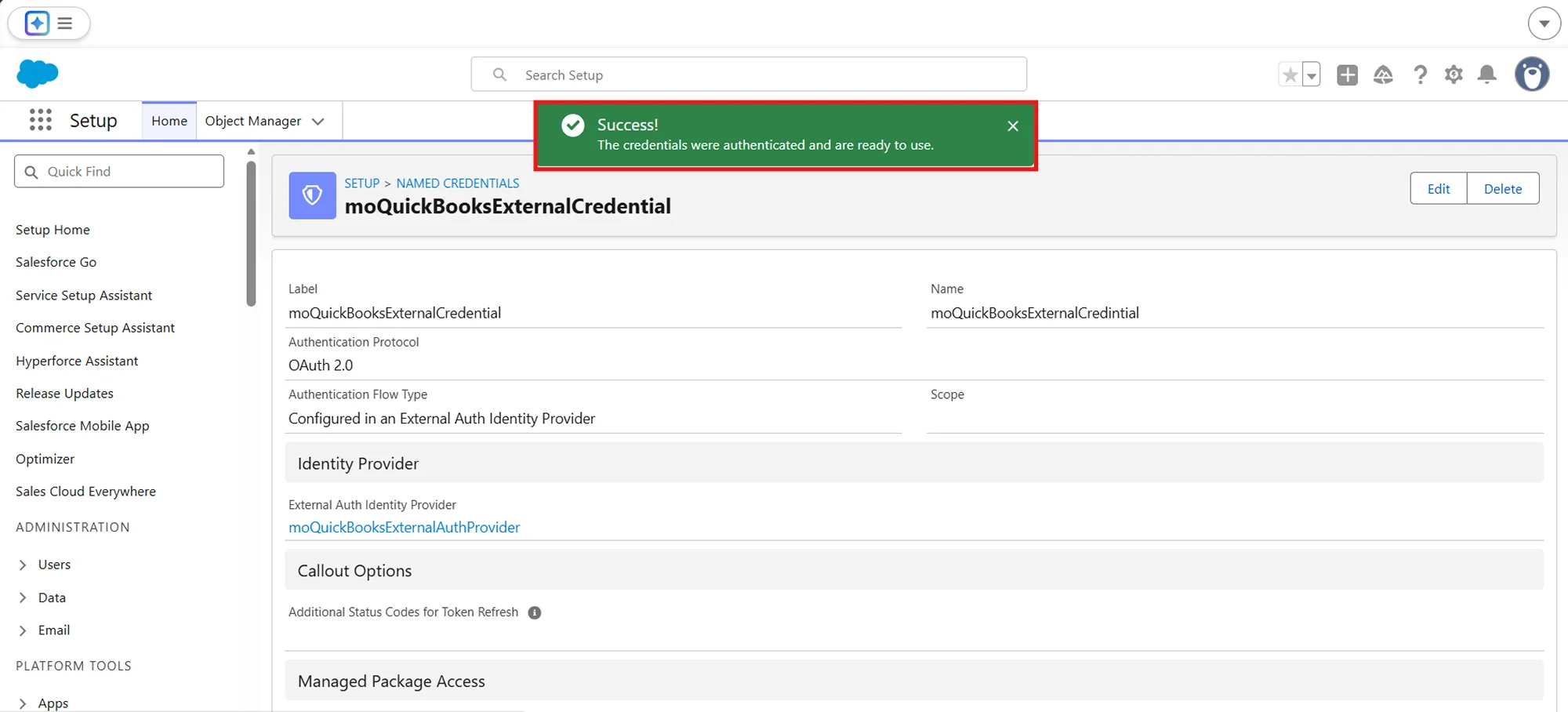 Salesforce QuickBooks Receipts Sync | Successful Authentication