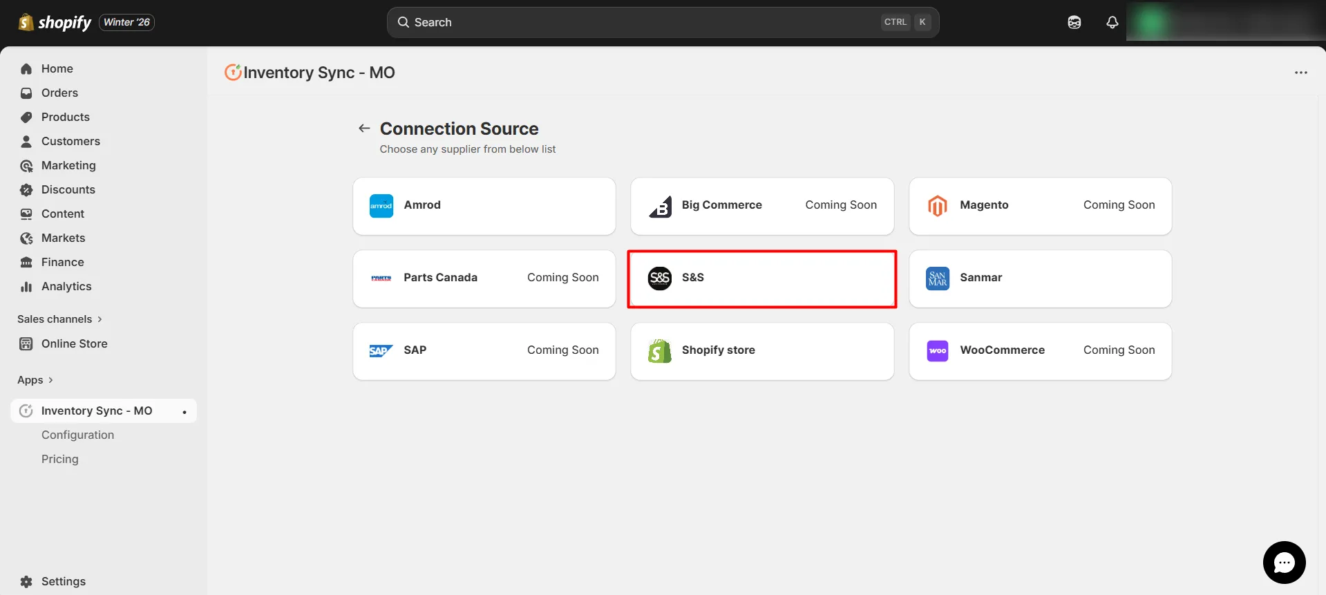 Shopify S&S Activewear Integration - Choose source connection