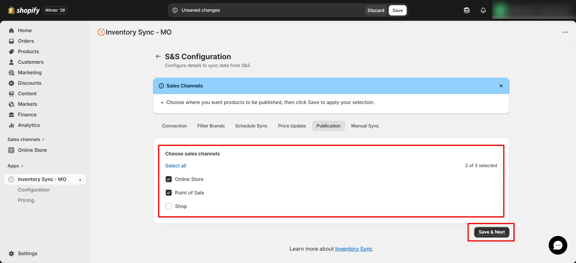 Shopify S&S Activewear Integration - Choose sales channel