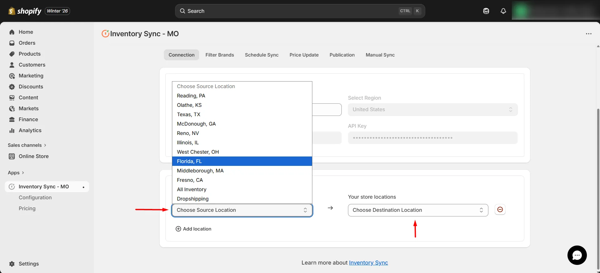 Shopify S&S Activewear Integration - Location mapping