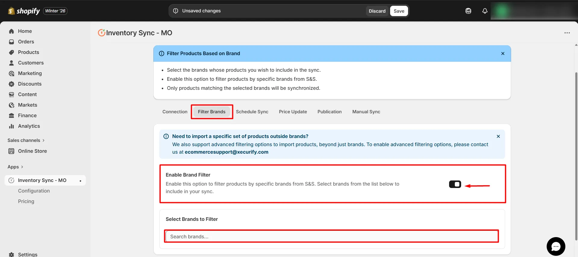Shopify S&S Activewear Integration - enable the Brand Filter option