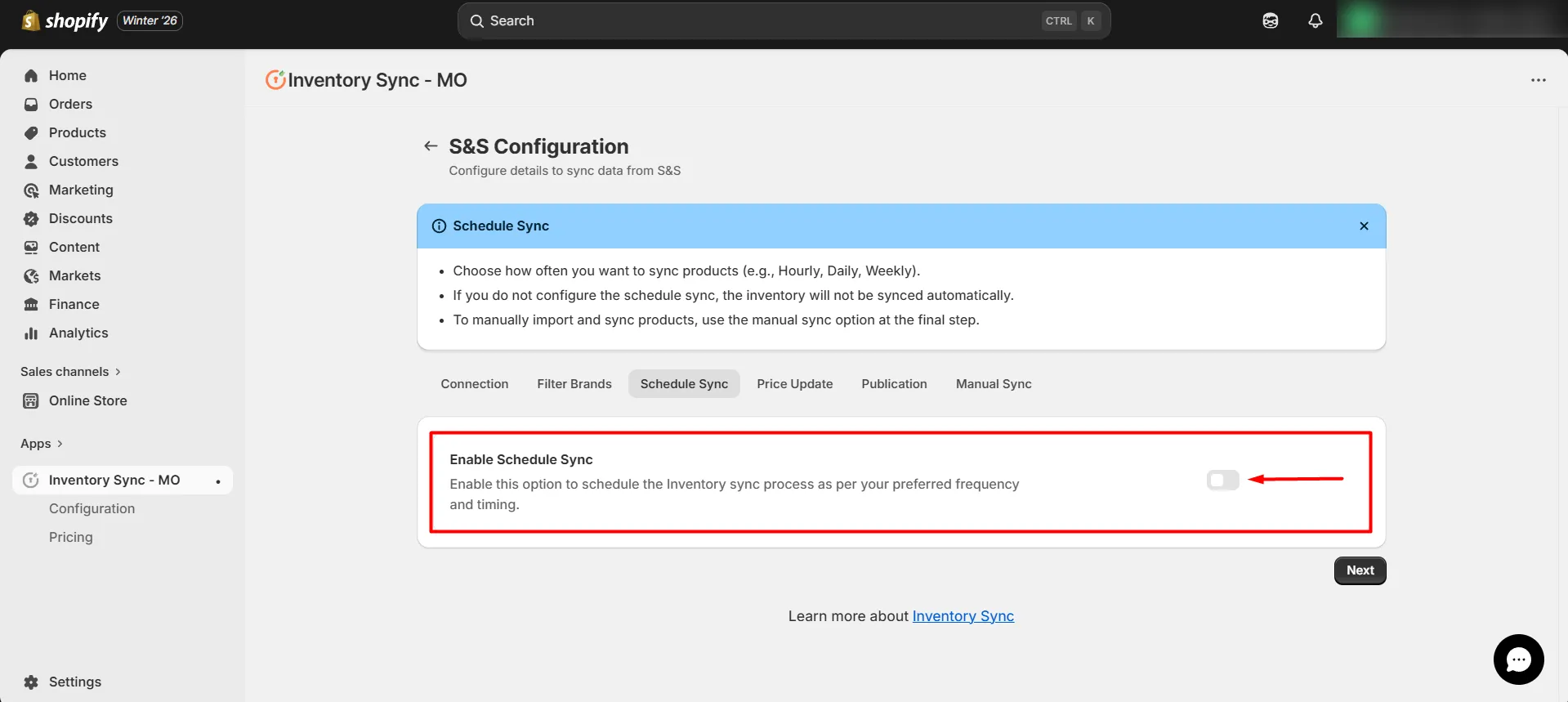 Shopify S&S Activewear Integration - Enable Schedule Sync