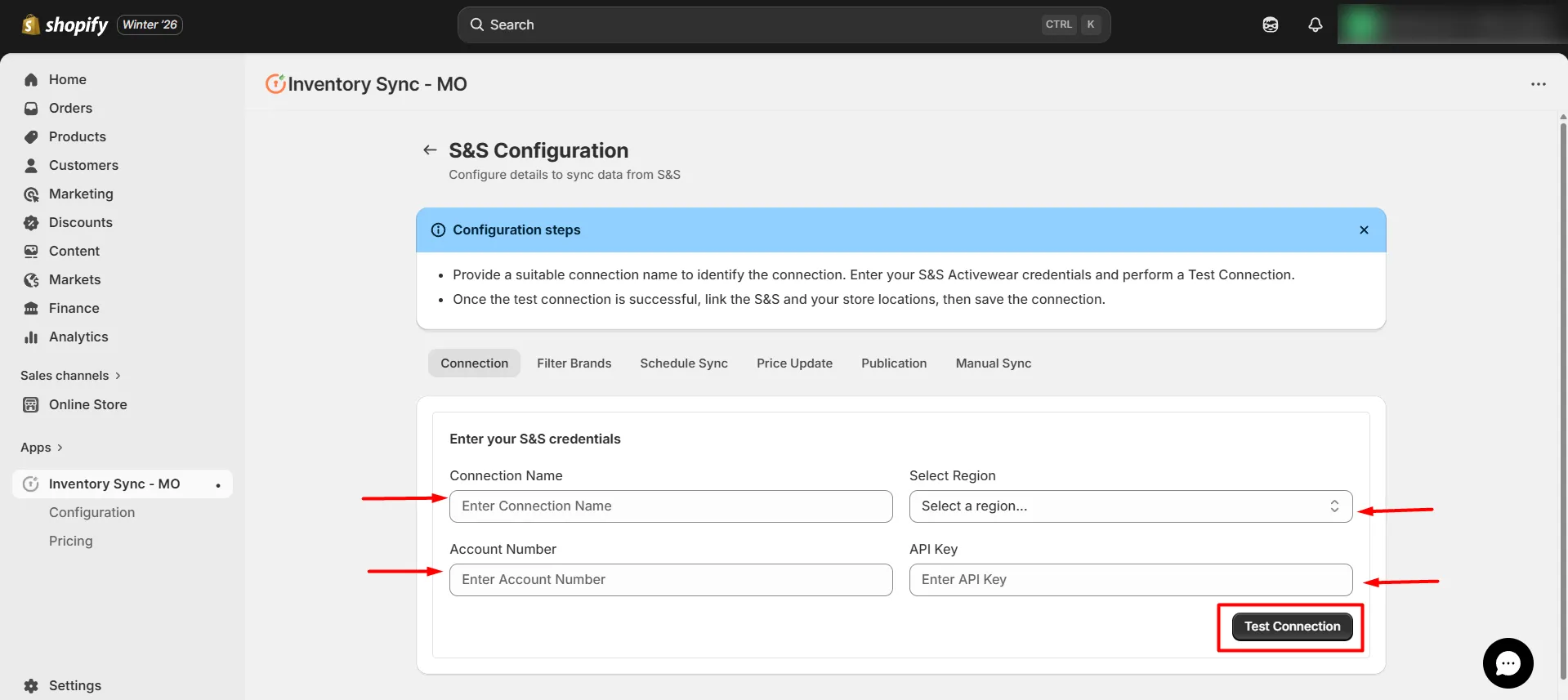 Shopify S&S Activewear Integration - Enter your S&S credentials