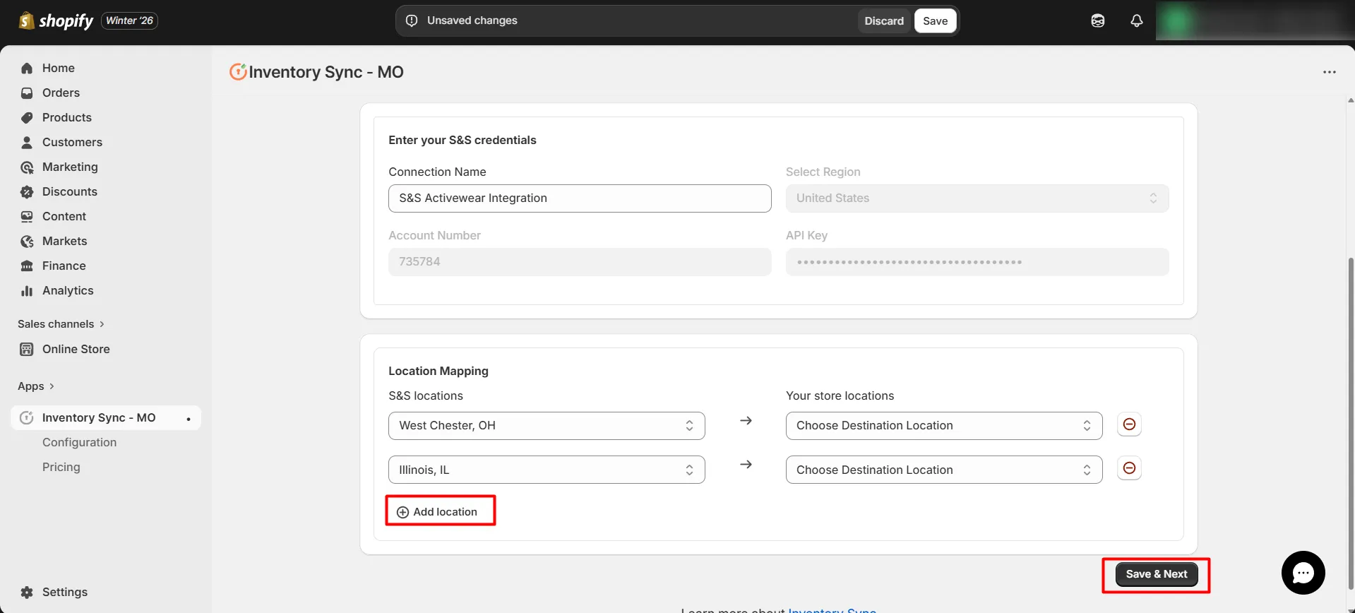 Shopify S&S Activewear Integration - Enter your S&S credentials