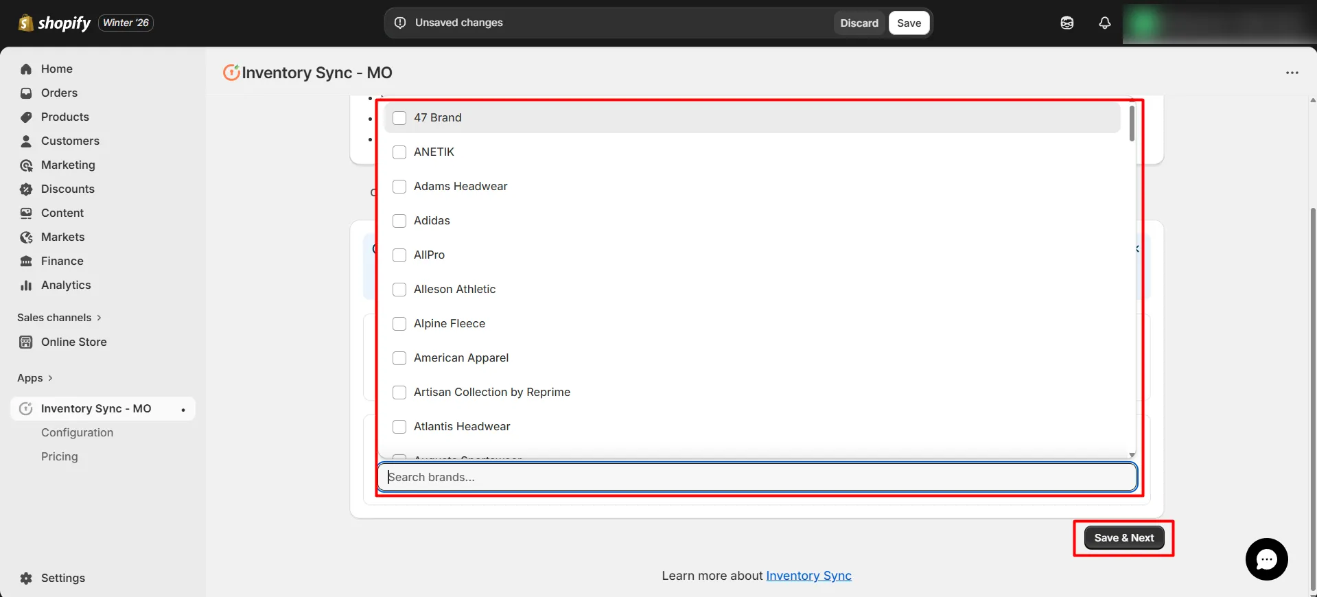Shopify S&S Activewear Integration - Select the brands you want to include