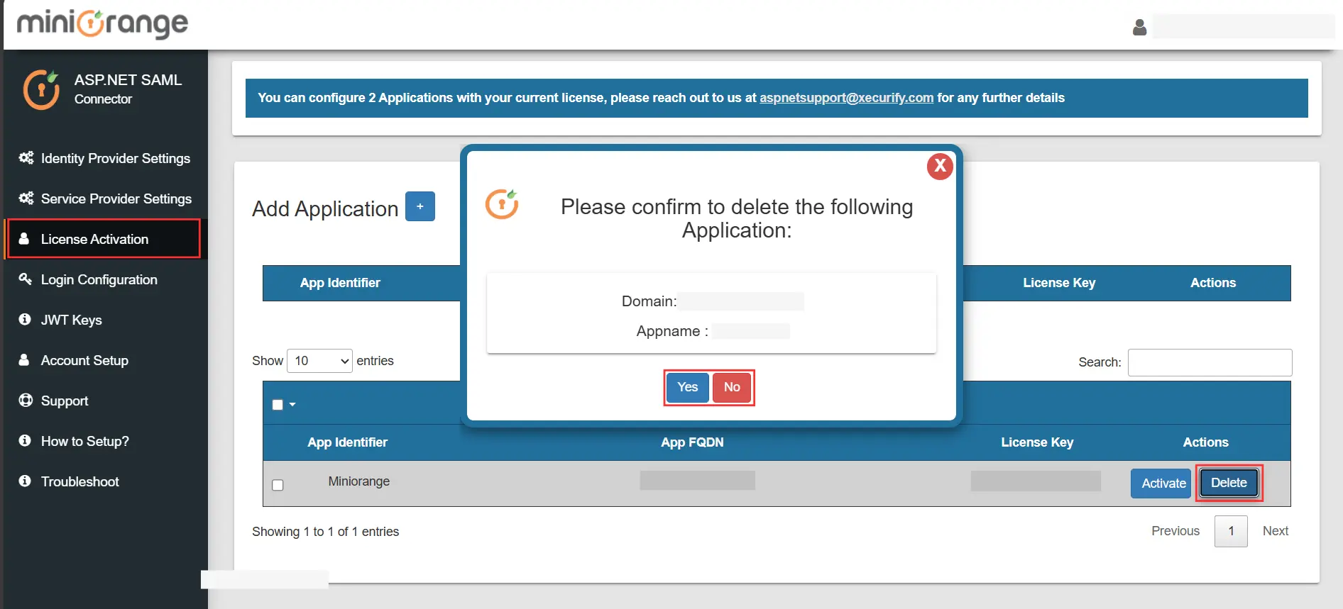 License Deletion - dialog box