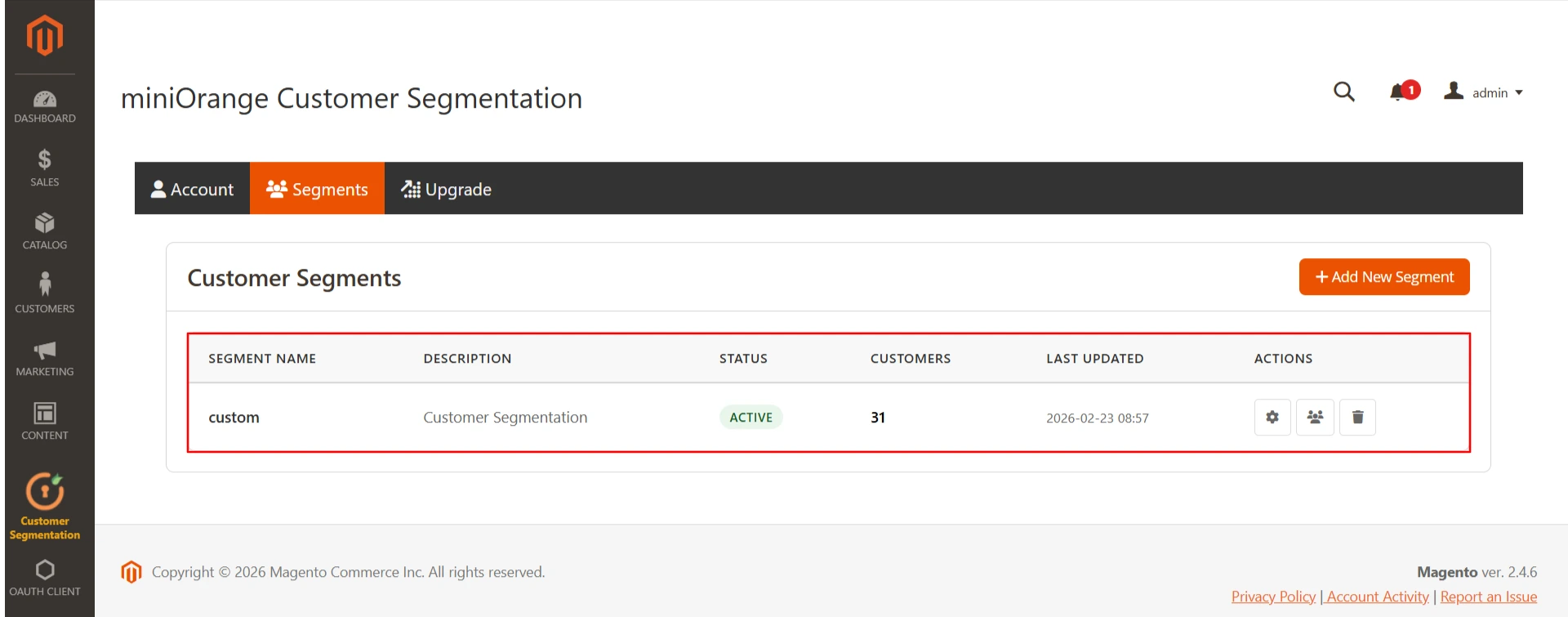 Magento 2 Customer Segmentation - segment screen