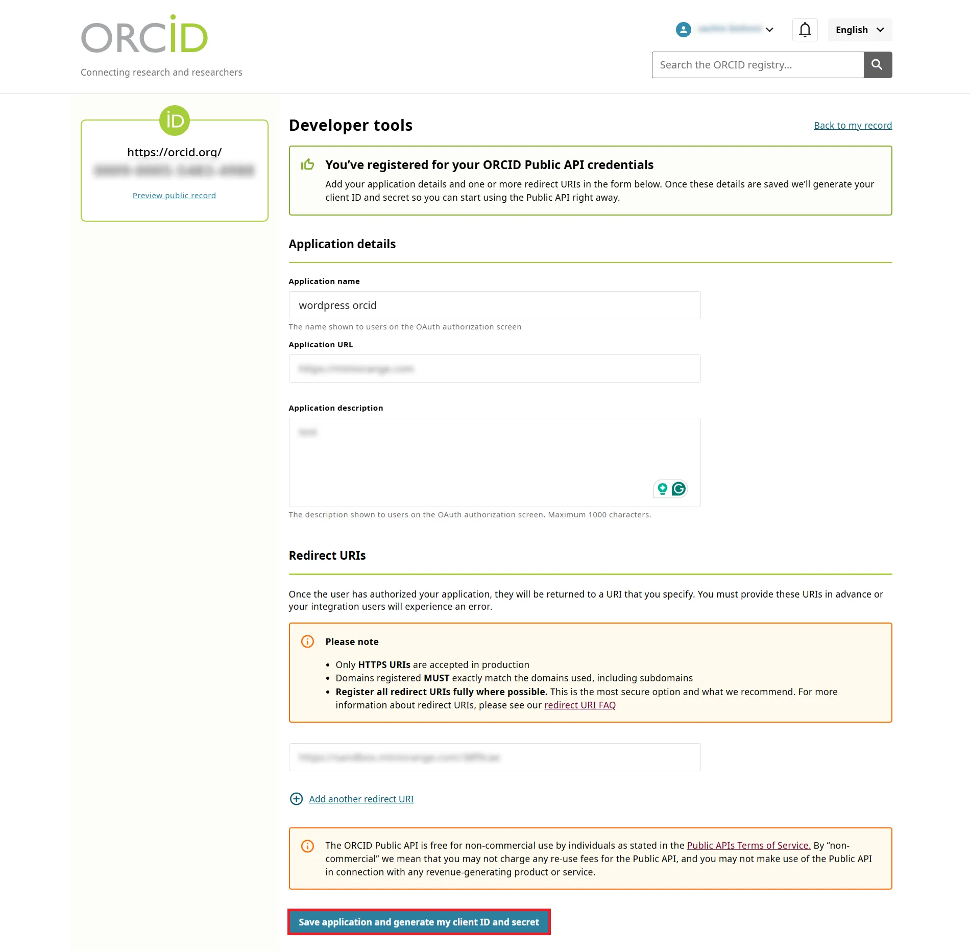 Orcid  Single Sign-On (SSO) OAuth - Add new application