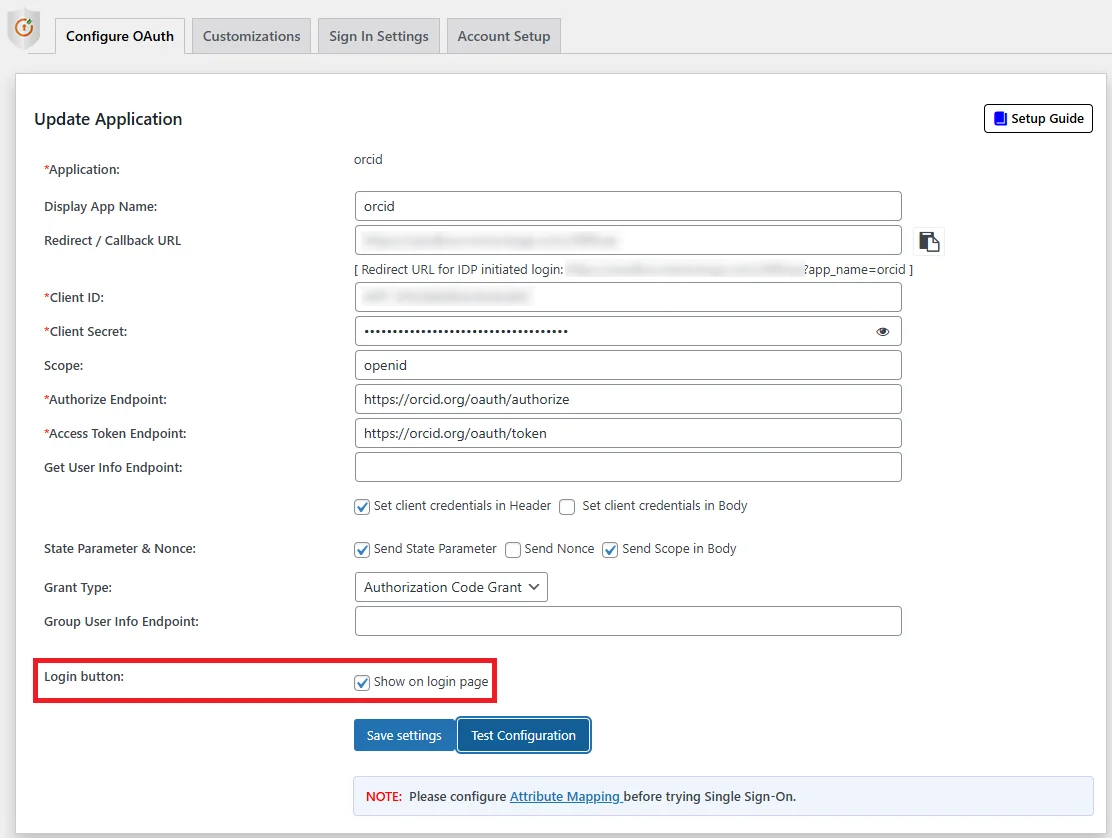 Orcid Single Sign-on (SSO) - Orcid OAuth - WordPress create-newclient login button setting