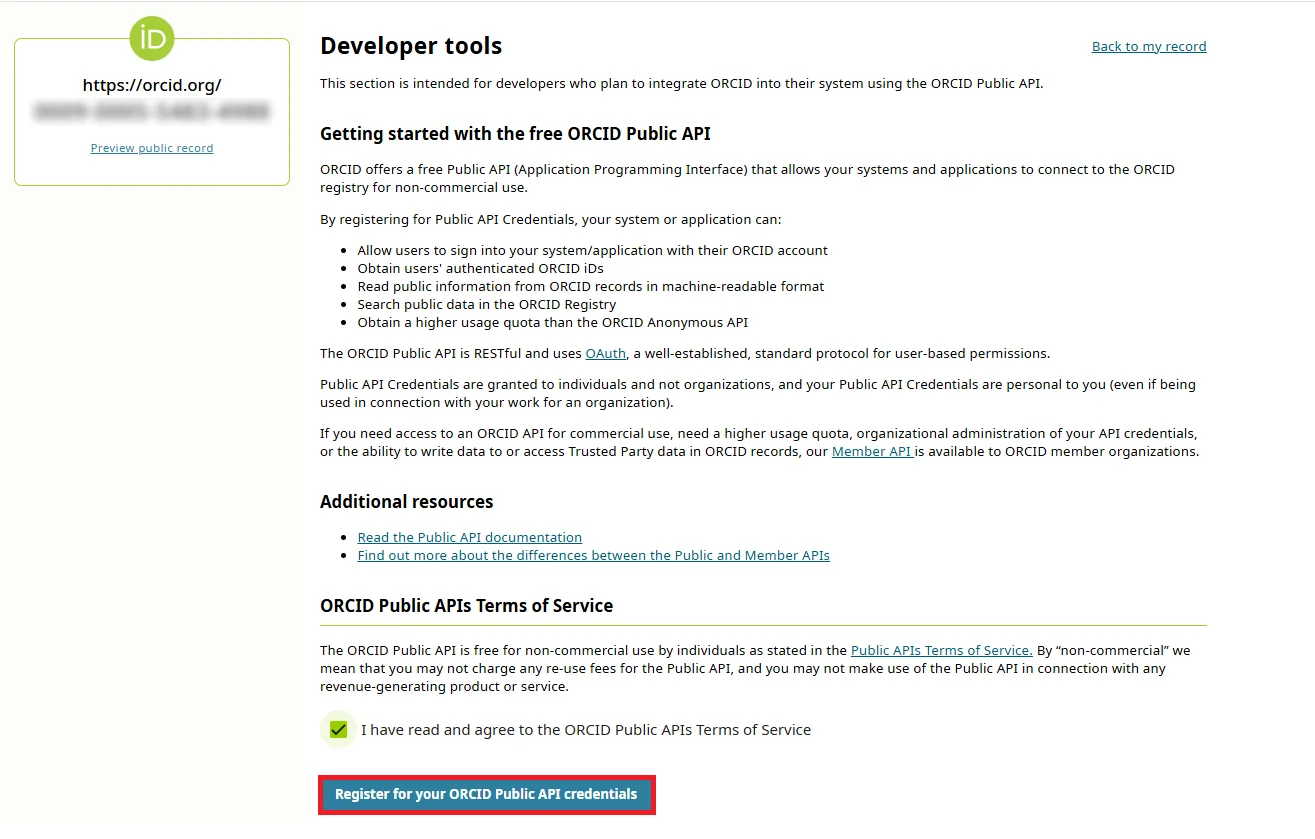 Orcid  Single Sign-On (SSO) OAuth - Add new application