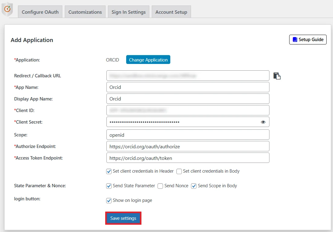 Orcid Single Sign-On (SSO) OAuth - Finish configuration