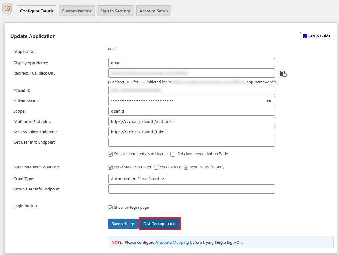 Orcid Single Sign-On (SSO) OAuth - Finish configuration
