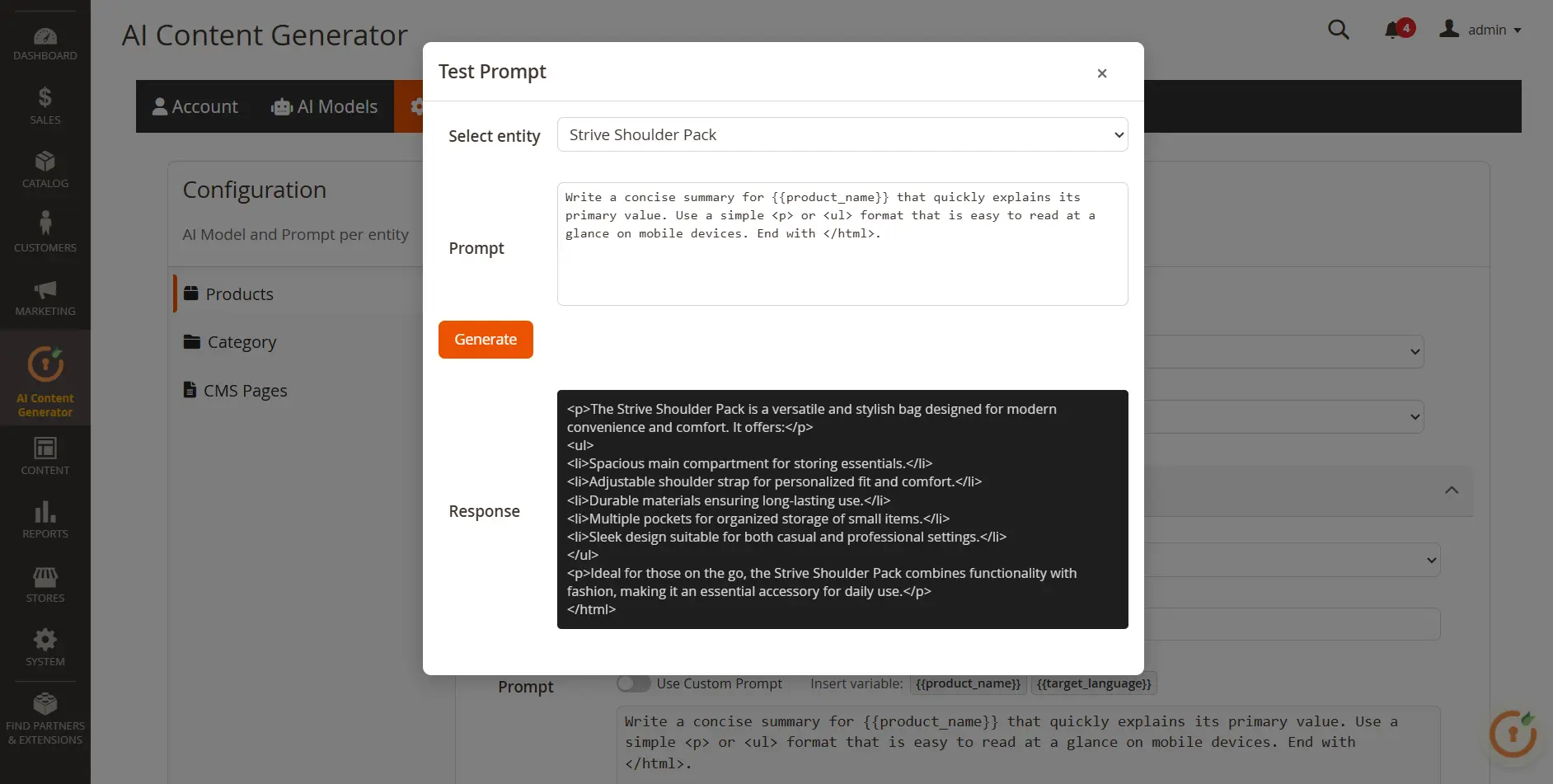 Magento ChatGPT AI Content Generator - test the content generation
