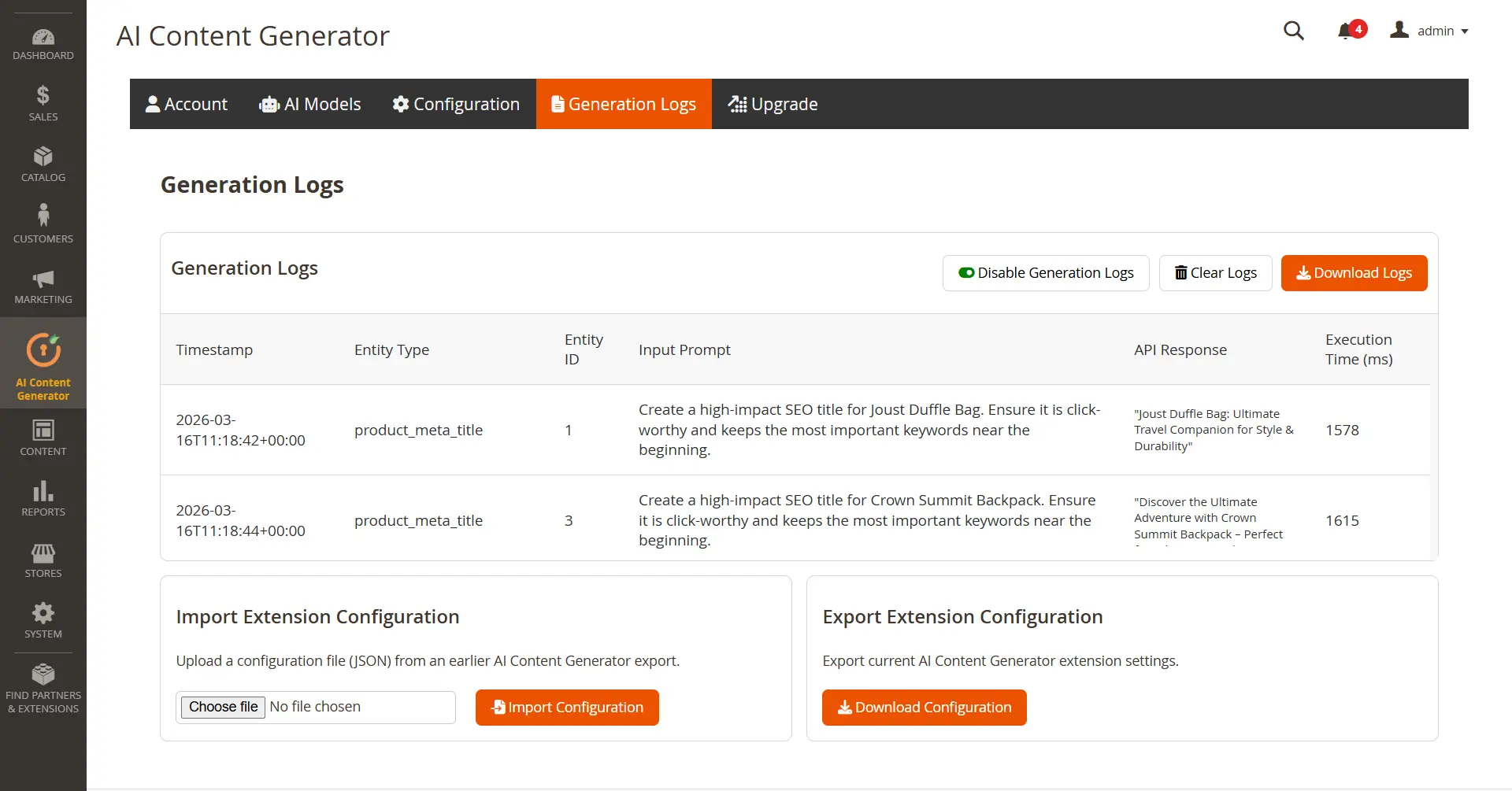 Magento ChatGPT AI Content Generator - Generation logs
