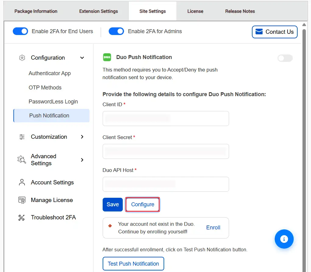 DotNetNuke Two Factor Authentication (2FA) using Duo Push Notification - Enter Integration and API key