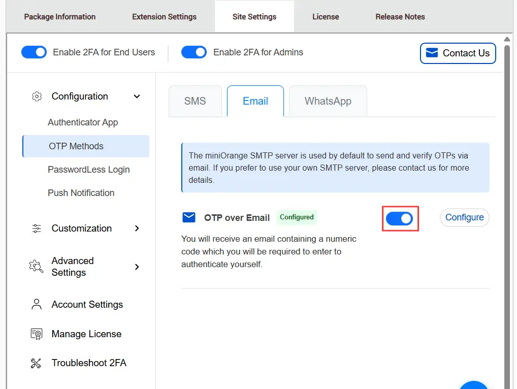 DotNetNuke Two Factor Authentication (2FA) for OTP over Email - Toggle Button