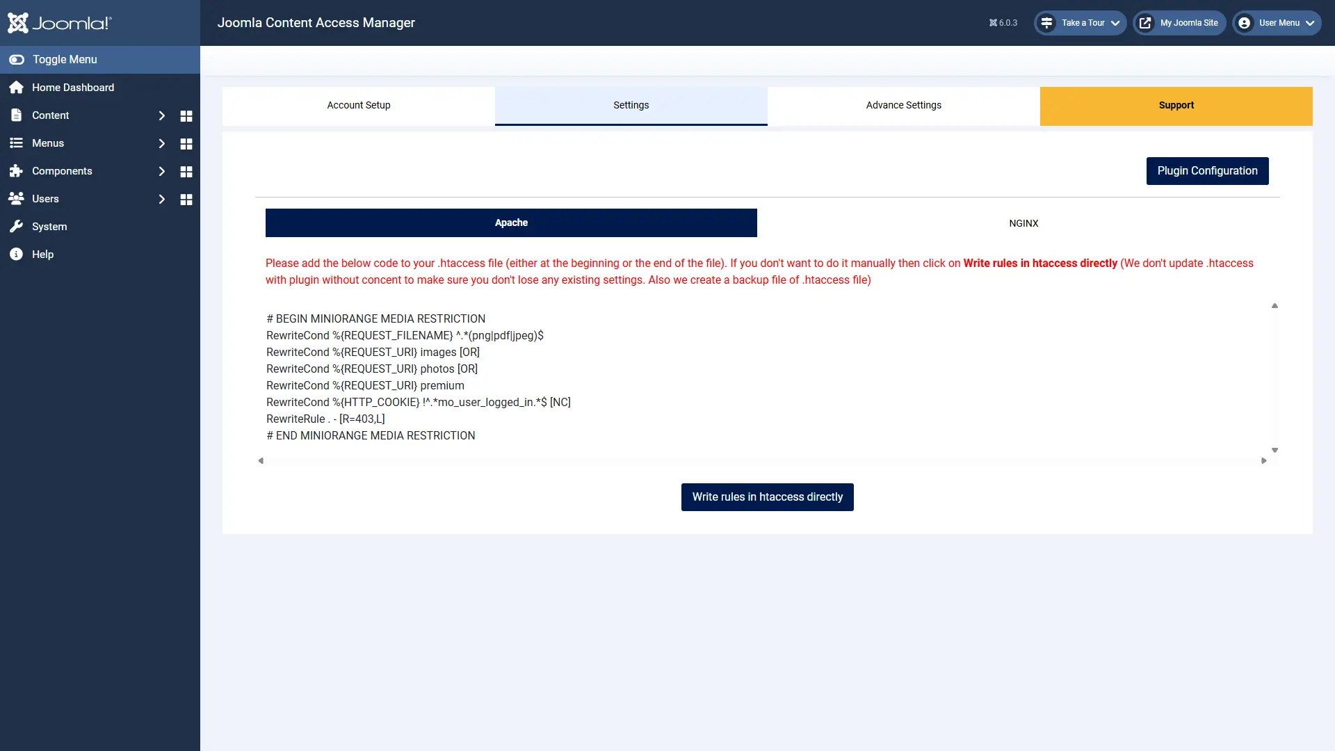 Joomla Content Access Control - Edit .htaccess file