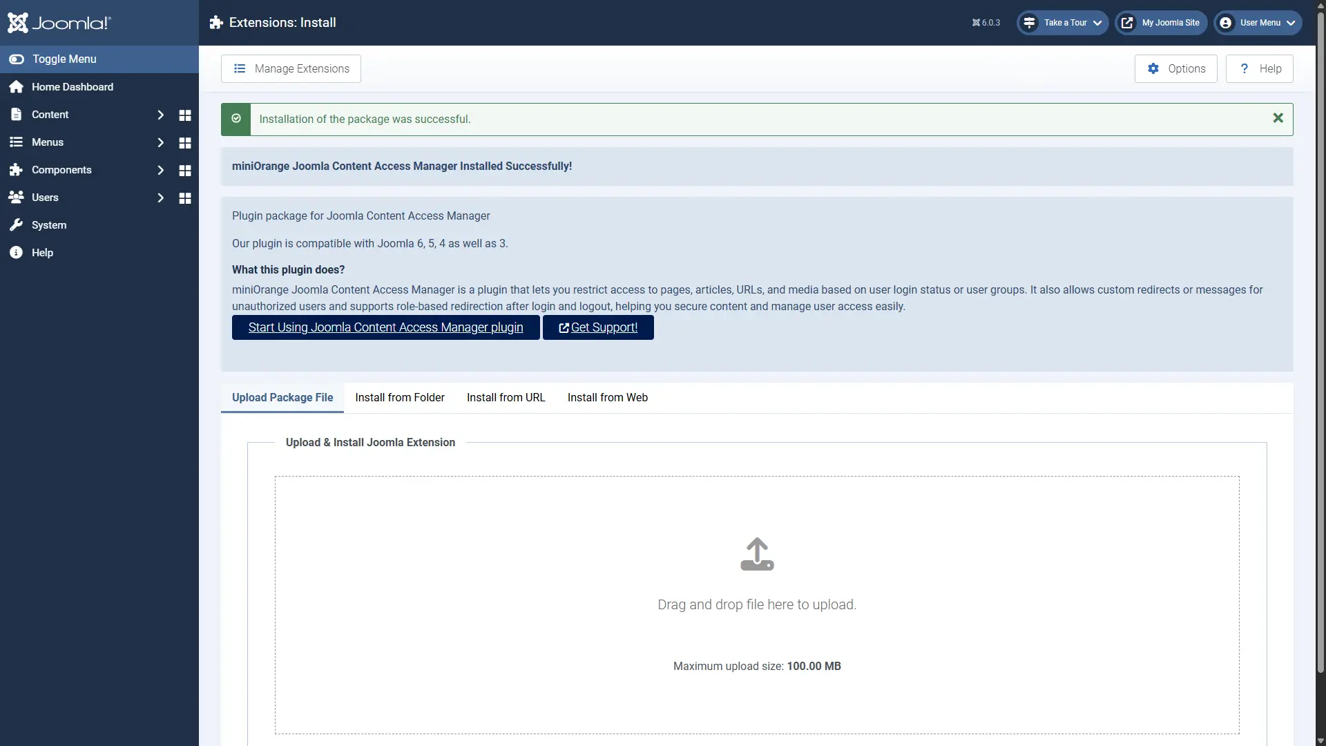Joomla Content Access Control - Installation successful