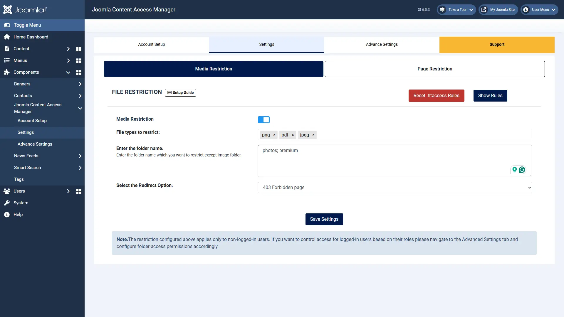 Joomla Content Access Control - Media Restriction Settings