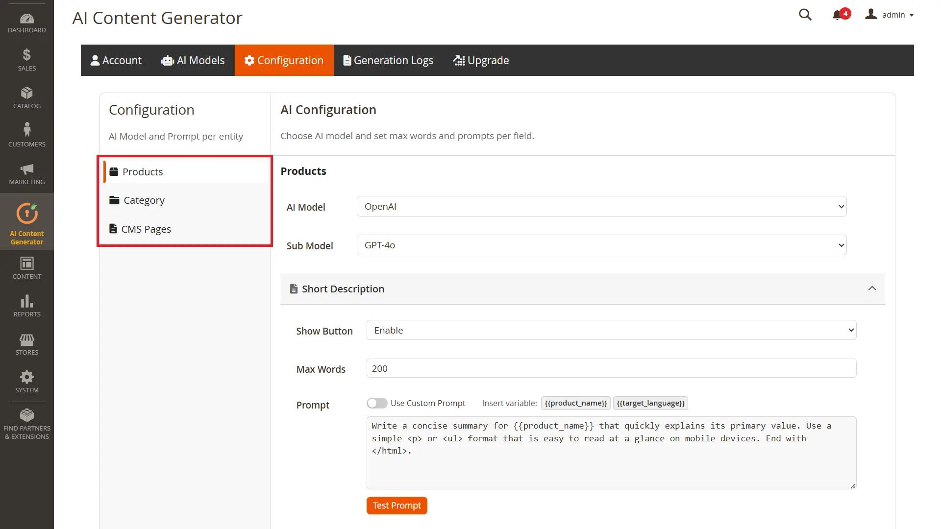 Magento ChatGPT AI Content Generator - COnfiguration for products, cms pages and category