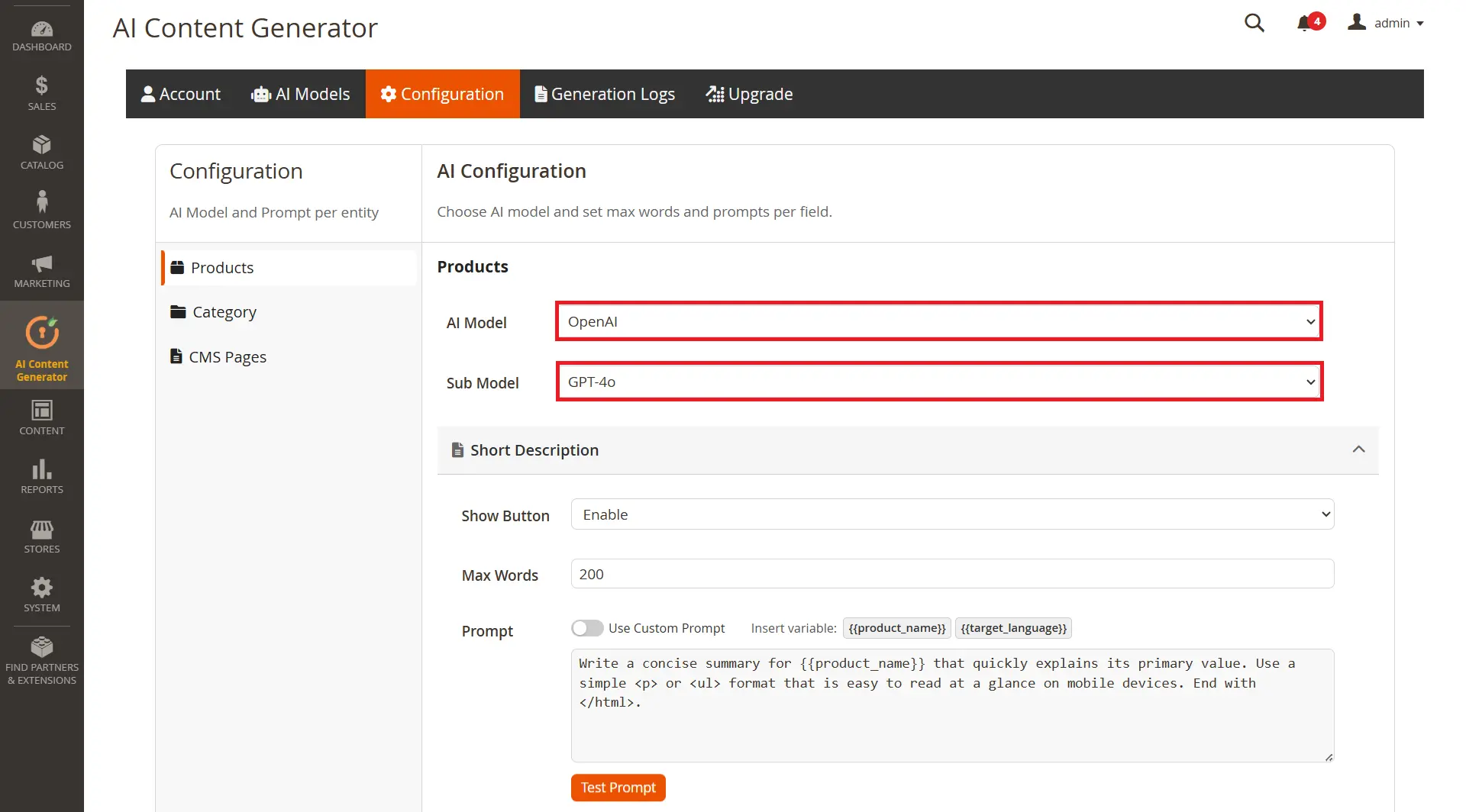 Magento ChatGPT AI Content Generator - AI model and submodel